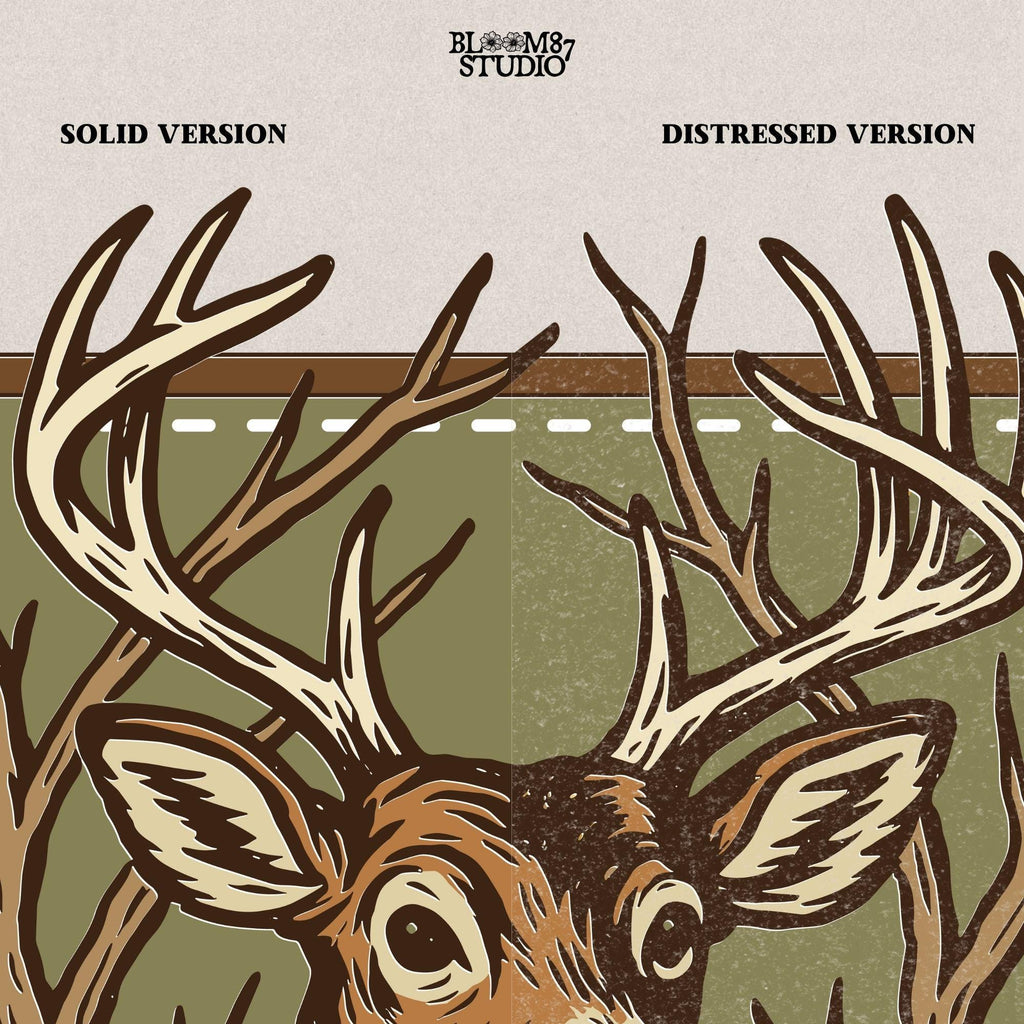 Stylized deer head with antlers framed by bare branches, placed on an olive green patch background with stitching detail.