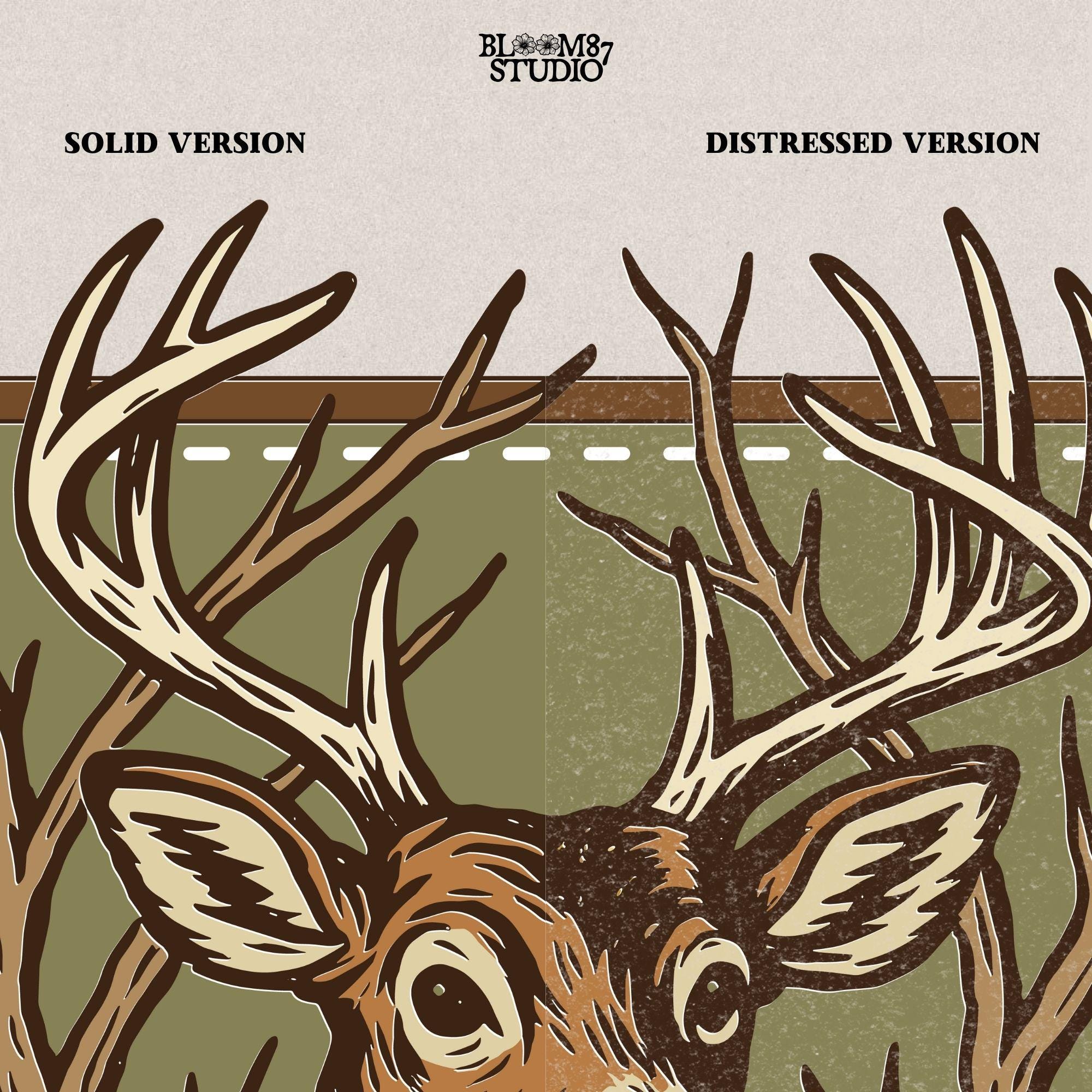Stylized deer head with antlers framed by bare branches, placed on an olive green patch background with stitching detail.