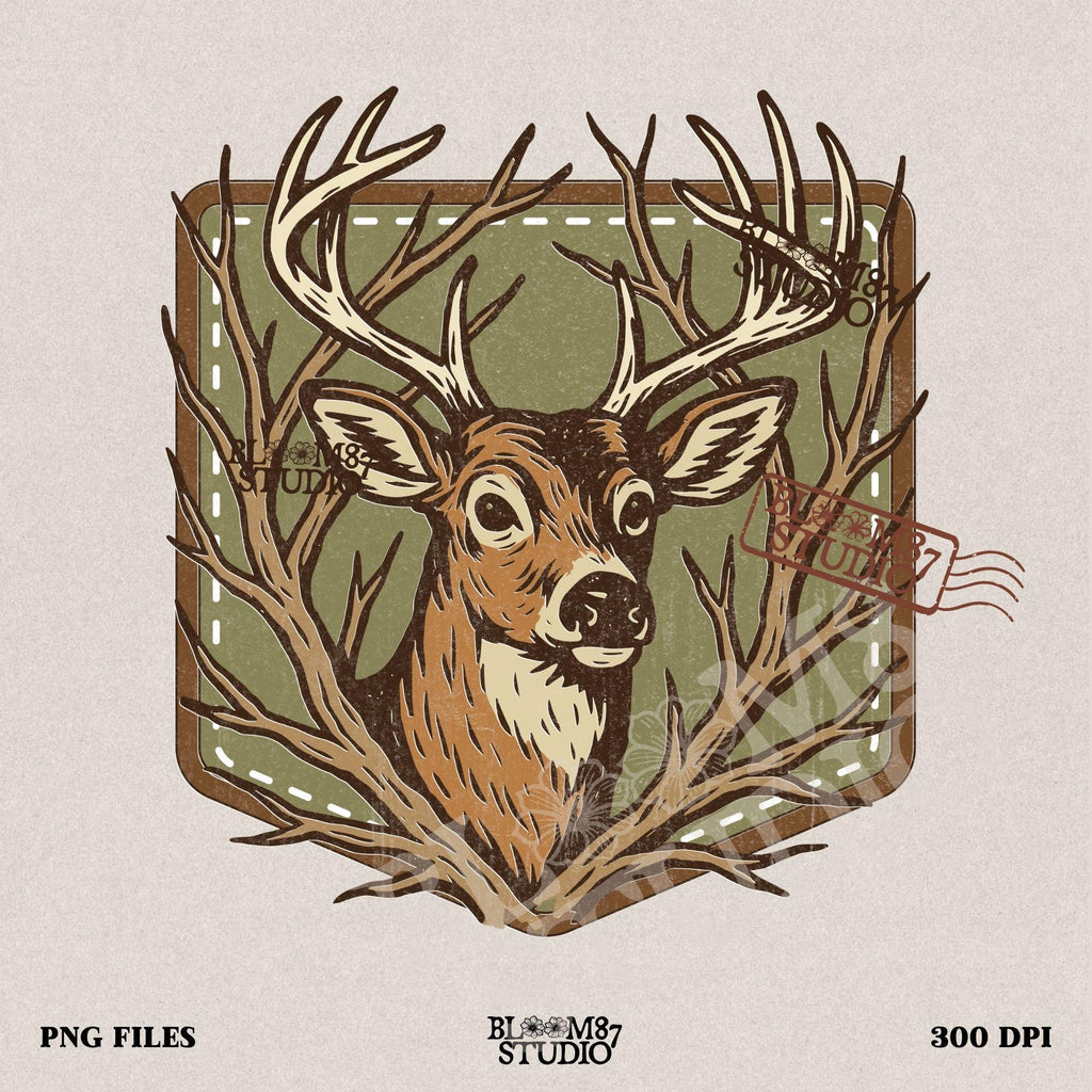 Stylized deer head with antlers framed by bare branches, placed on an olive green patch background with stitching detail.