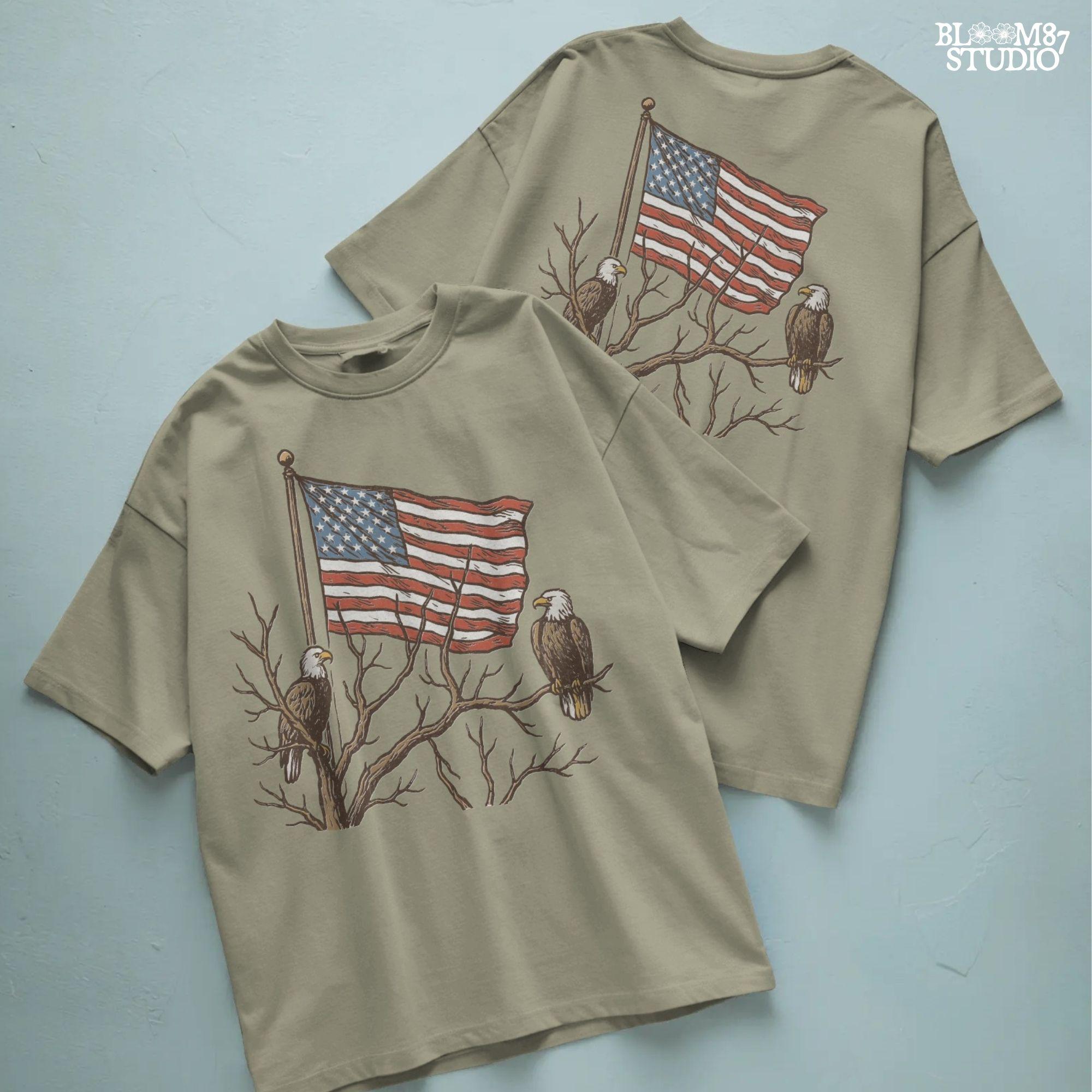 Two bald eagles perched on leafless tree branches in front of a waving American flag in a vintage-style illustration.