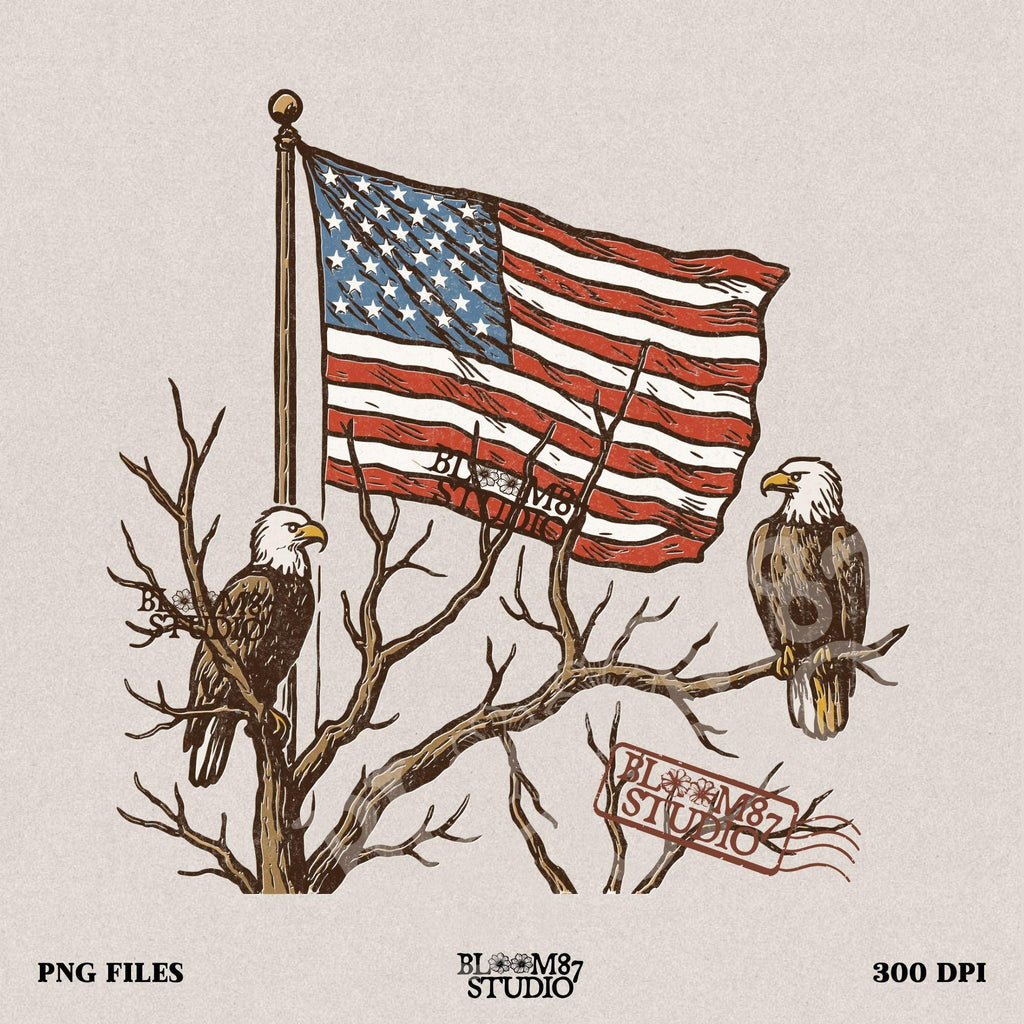 Two bald eagles perched on leafless tree branches in front of a waving American flag in a vintage-style illustration.