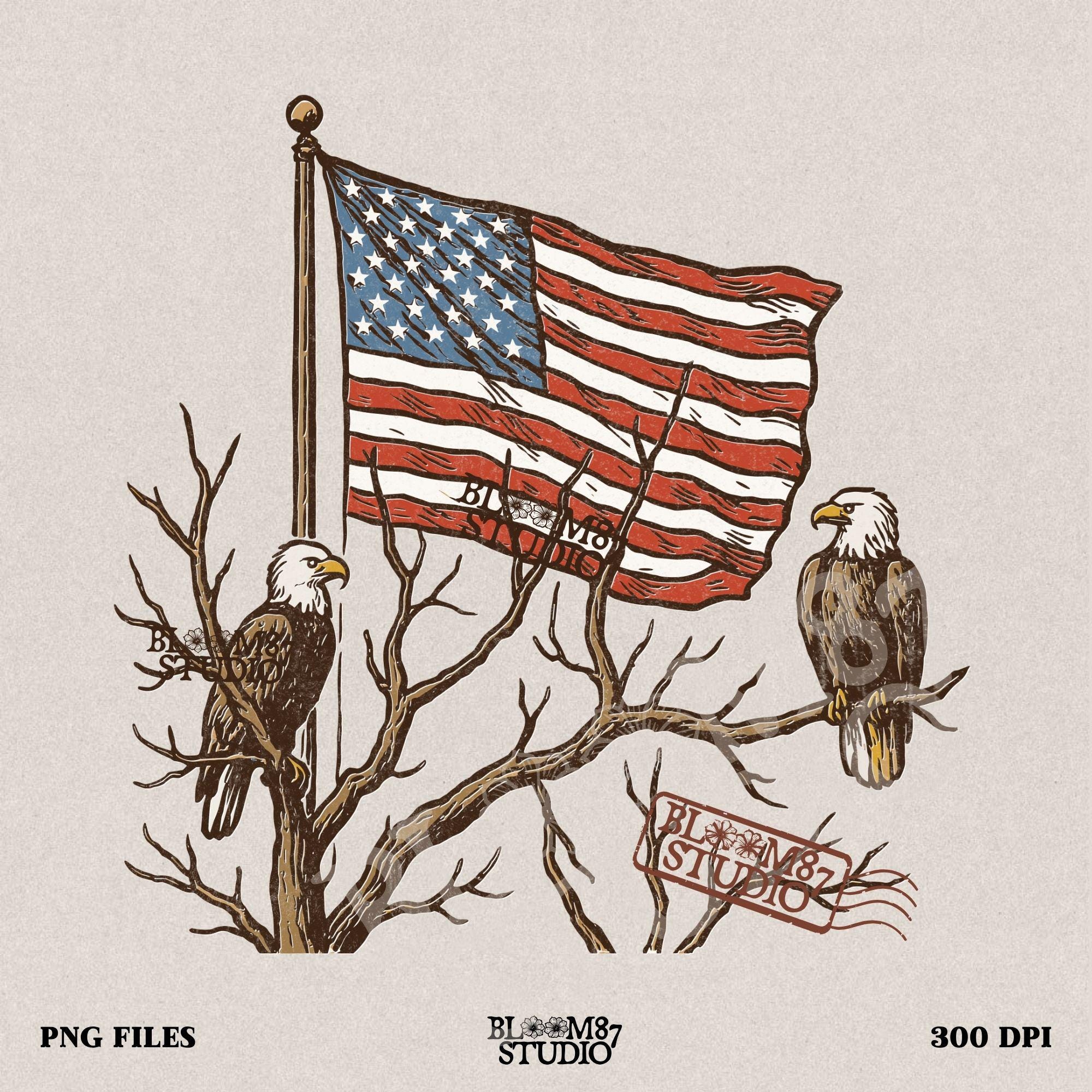 Two bald eagles perched on leafless tree branches in front of a waving American flag in a vintage-style illustration.