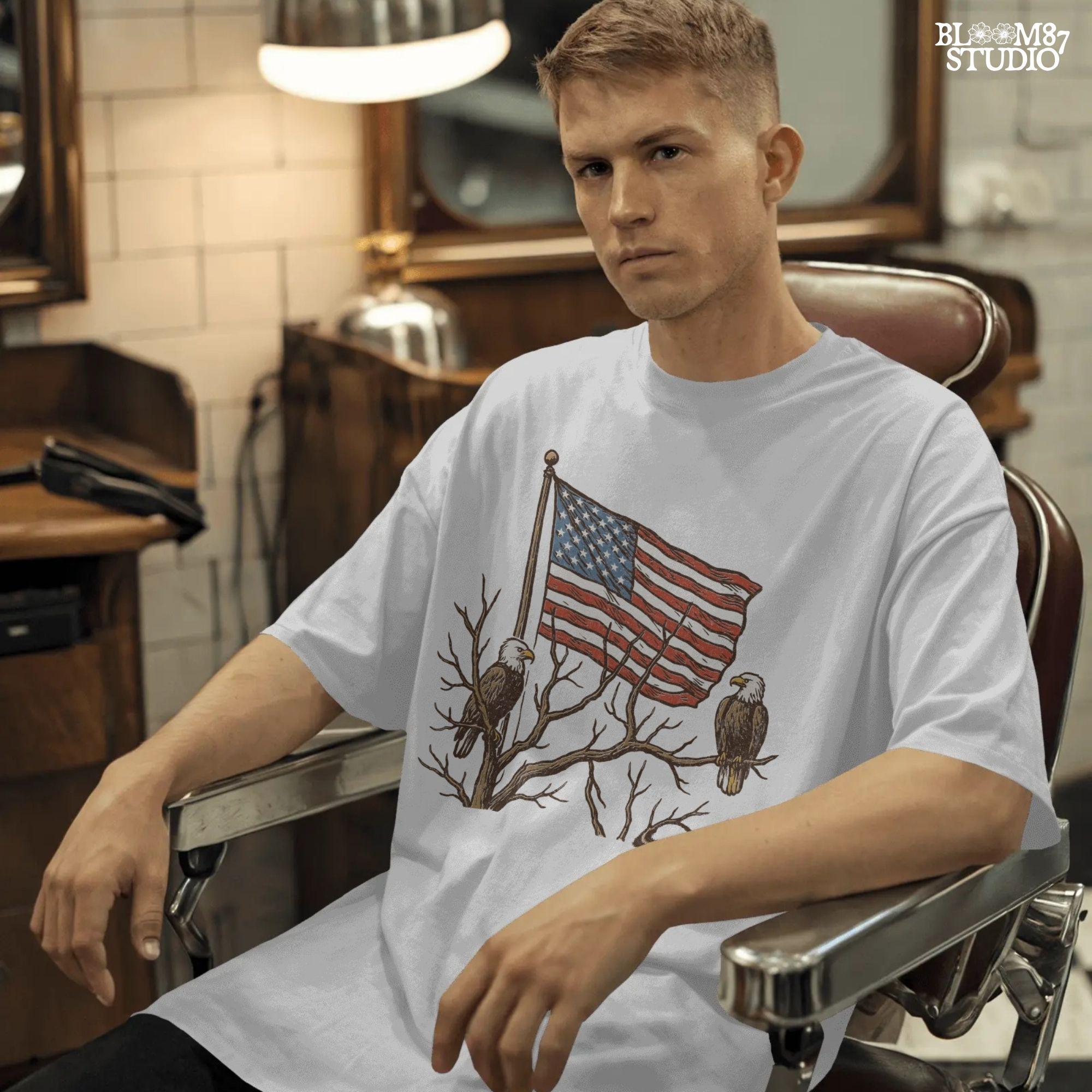 Two bald eagles perched on leafless tree branches in front of a waving American flag in a vintage-style illustration.