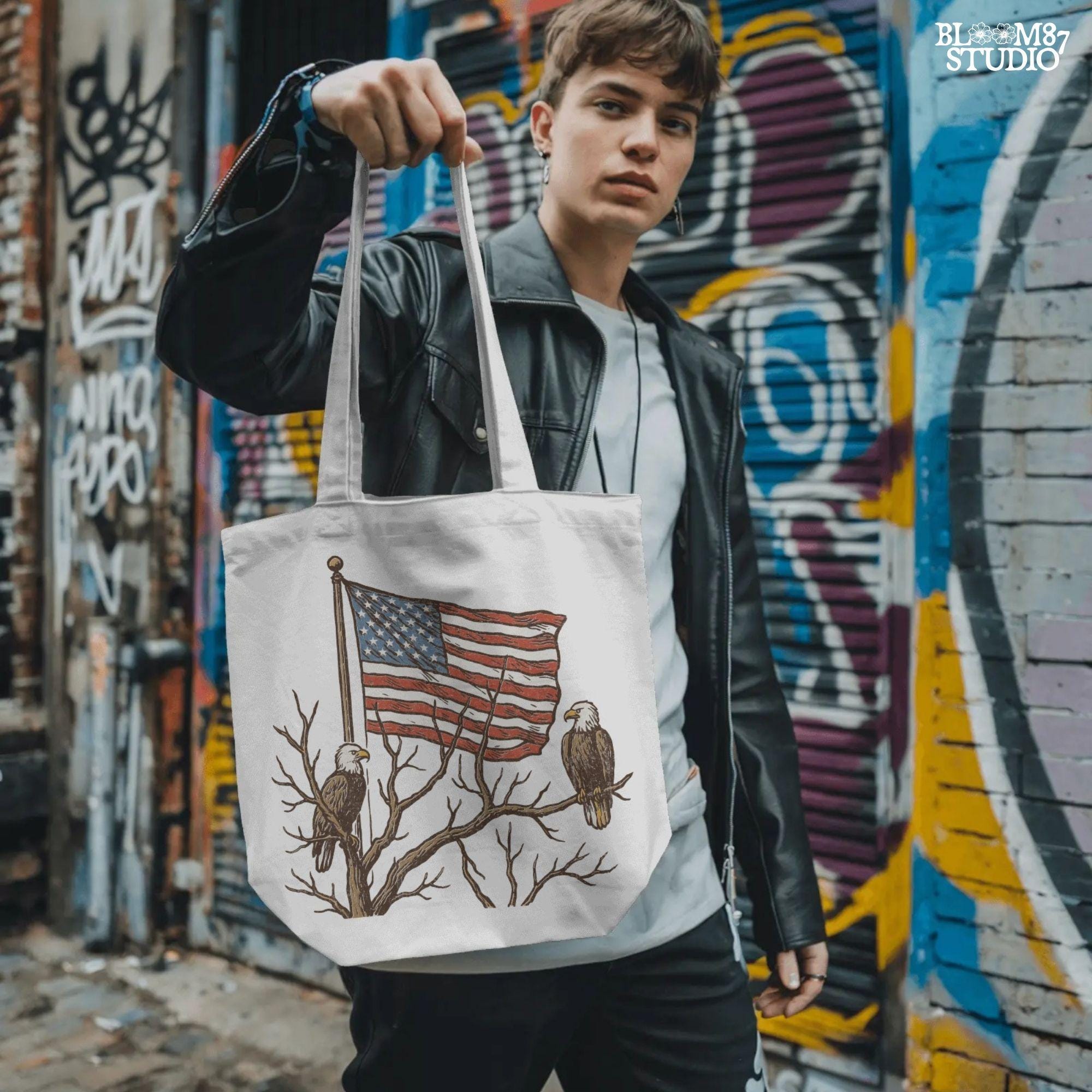 Two bald eagles perched on leafless tree branches in front of a waving American flag in a vintage-style illustration.
