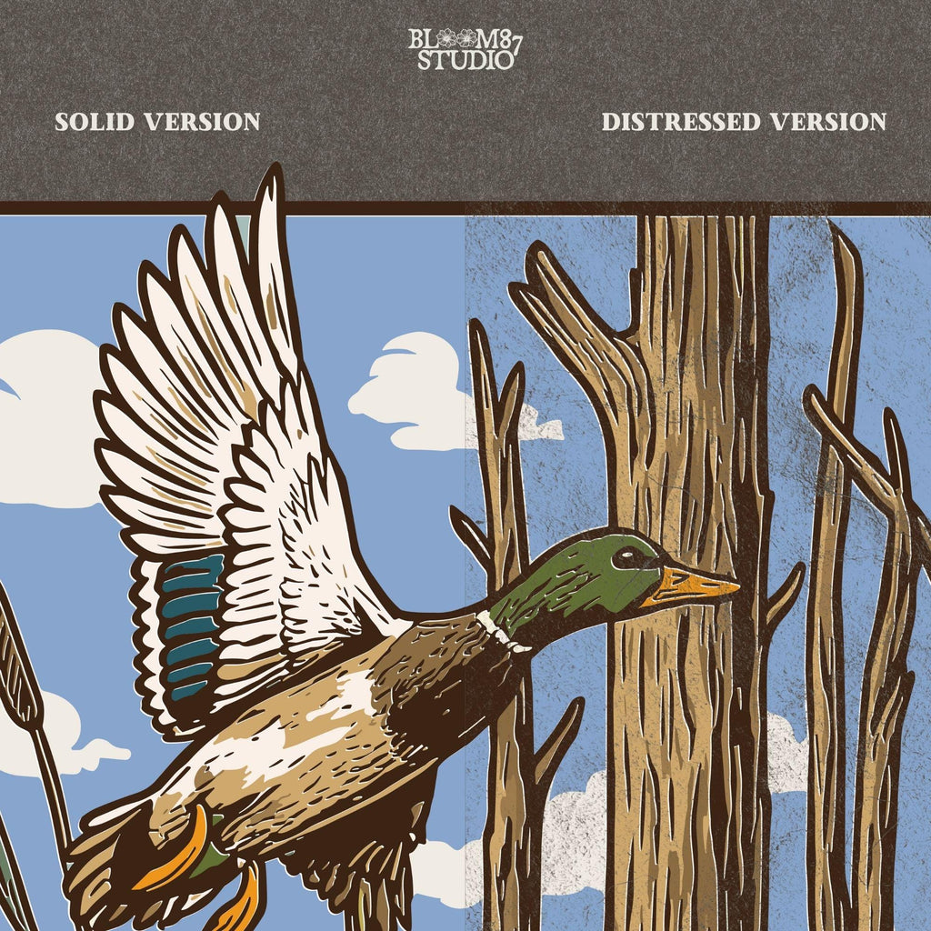 “Vintage mallard duck PNG, flying and swimming ducks in swamp with trees, classic waterfowl hunting scene sublimation”