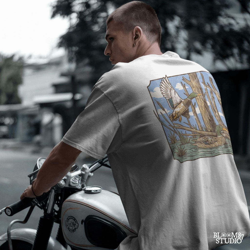 “Vintage mallard duck PNG, flying and swimming ducks in swamp with trees, classic waterfowl hunting scene sublimation”