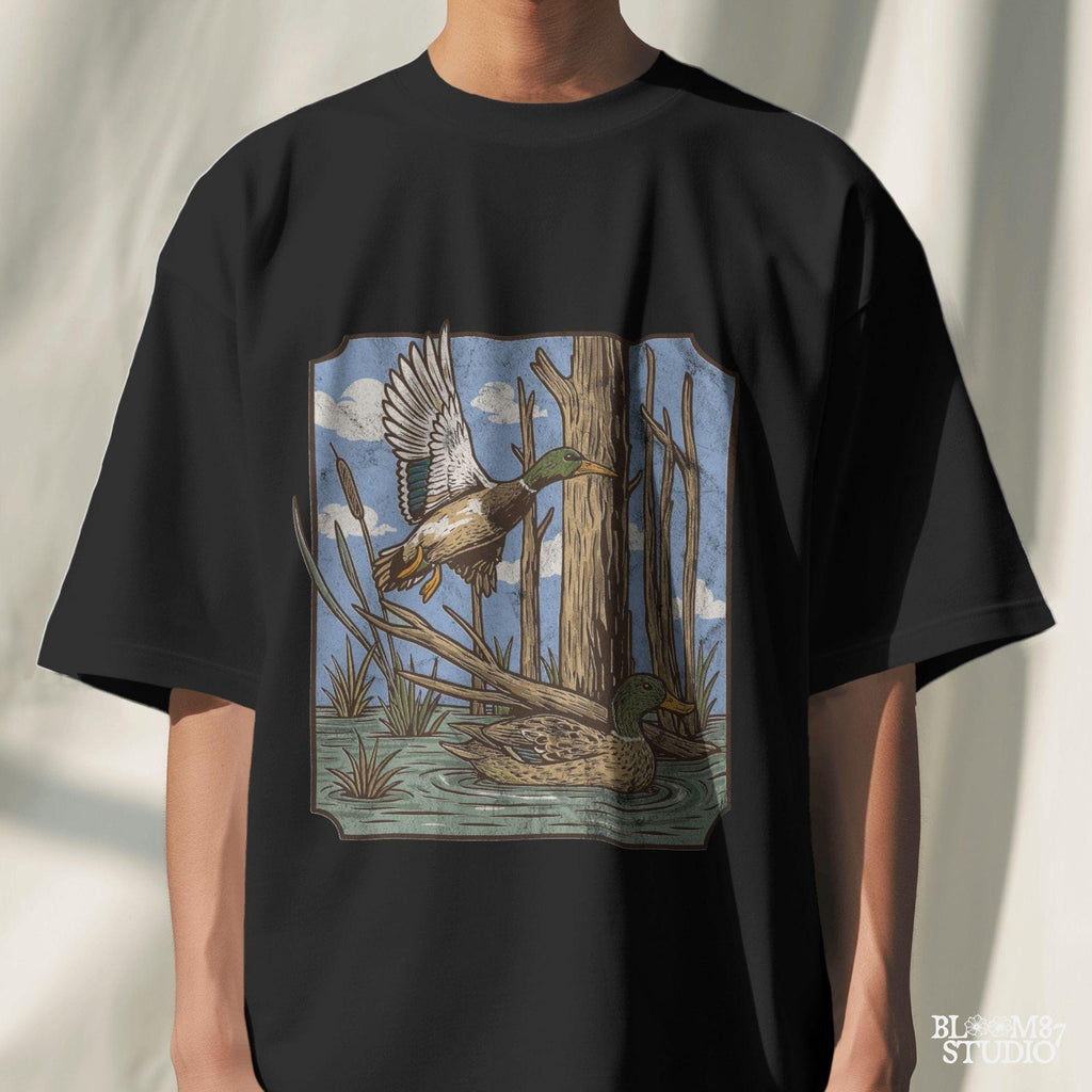 “Vintage mallard duck PNG, flying and swimming ducks in swamp with trees, classic waterfowl hunting scene sublimation”