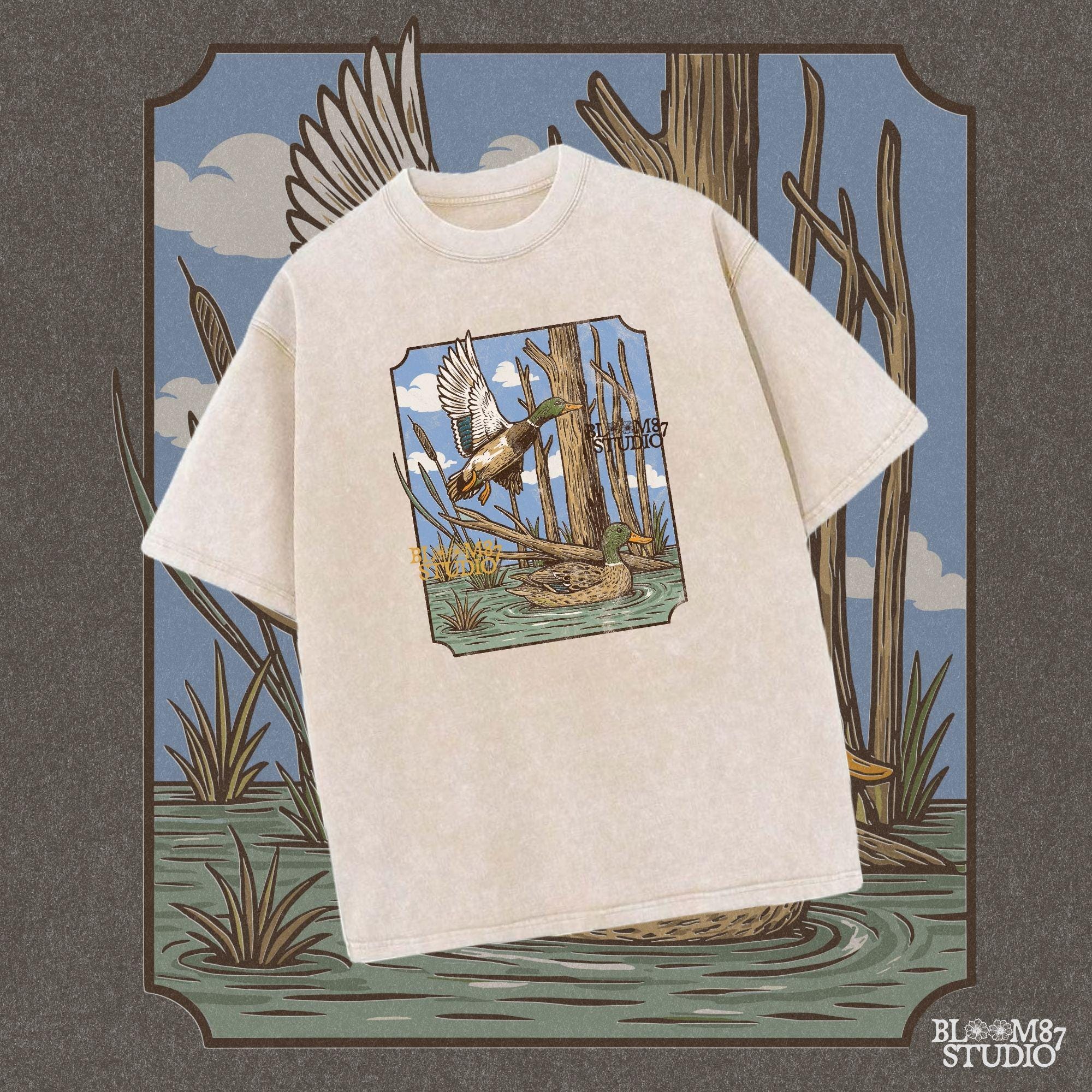 “Vintage mallard duck PNG, flying and swimming ducks in swamp with trees, classic waterfowl hunting scene sublimation”