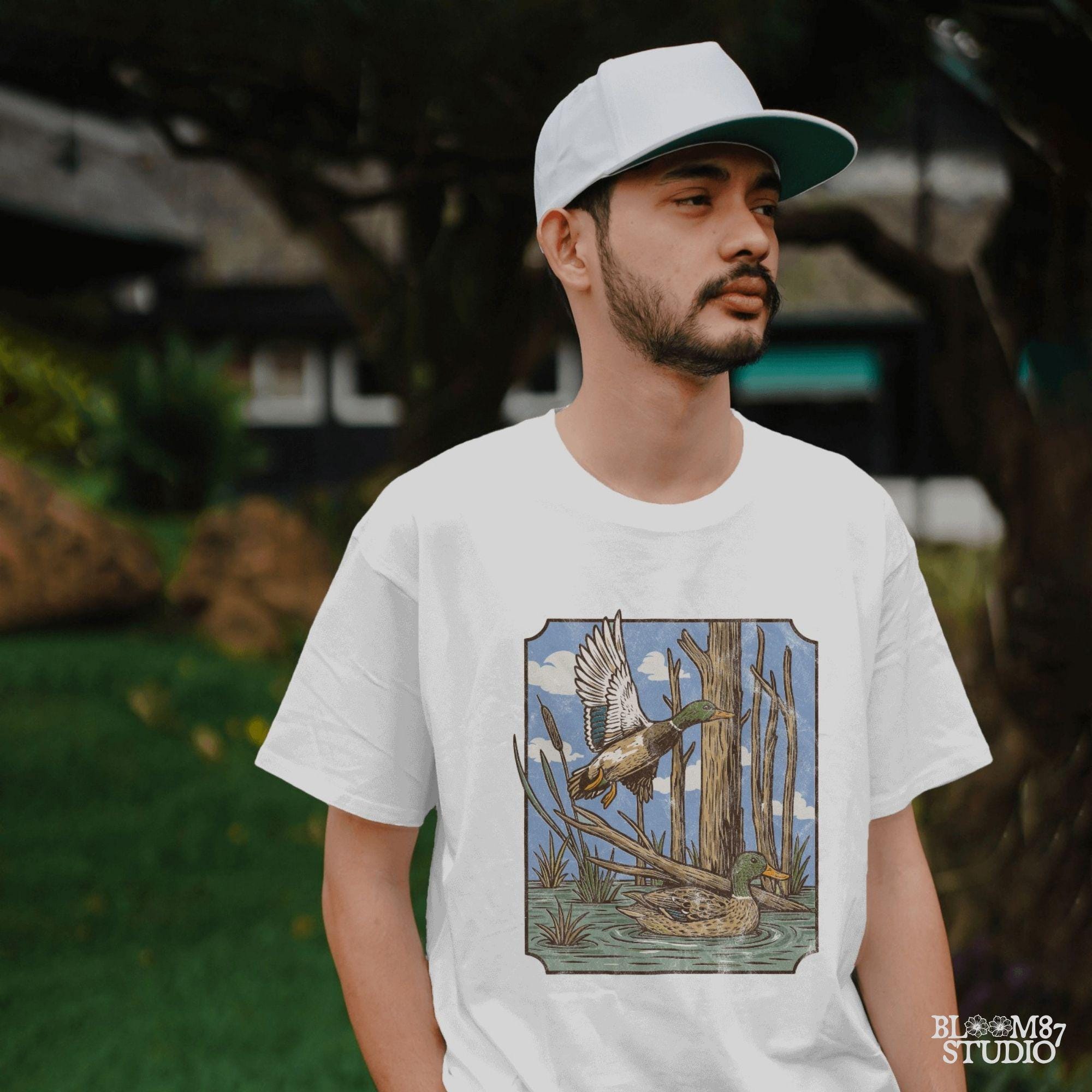 “Vintage mallard duck PNG, flying and swimming ducks in swamp with trees, classic waterfowl hunting scene sublimation”