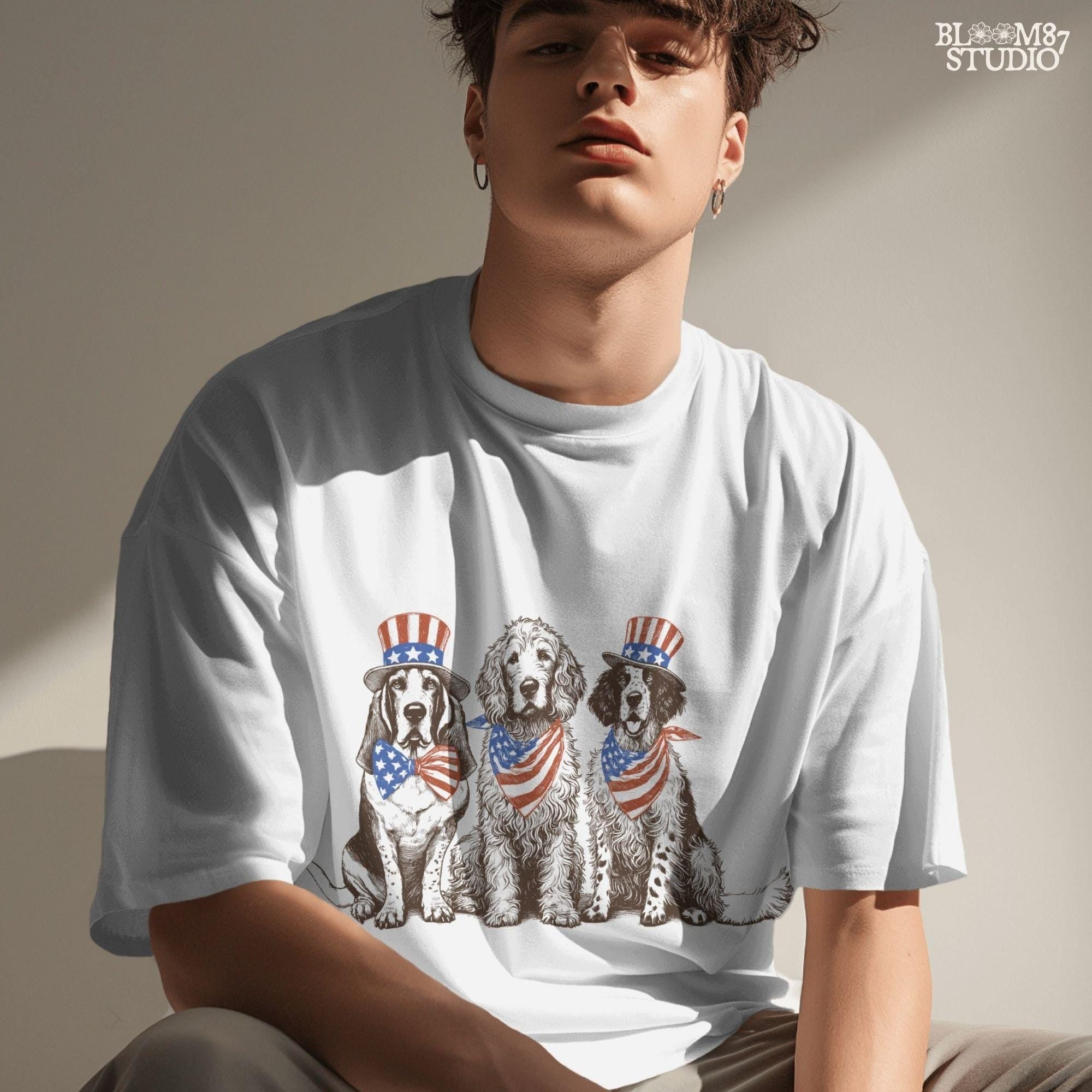 “Fourth of July Patriotic Dog Trio PNG, Vintage USA Dog Parade Illustration with Uncle Sam Hats and Bows”