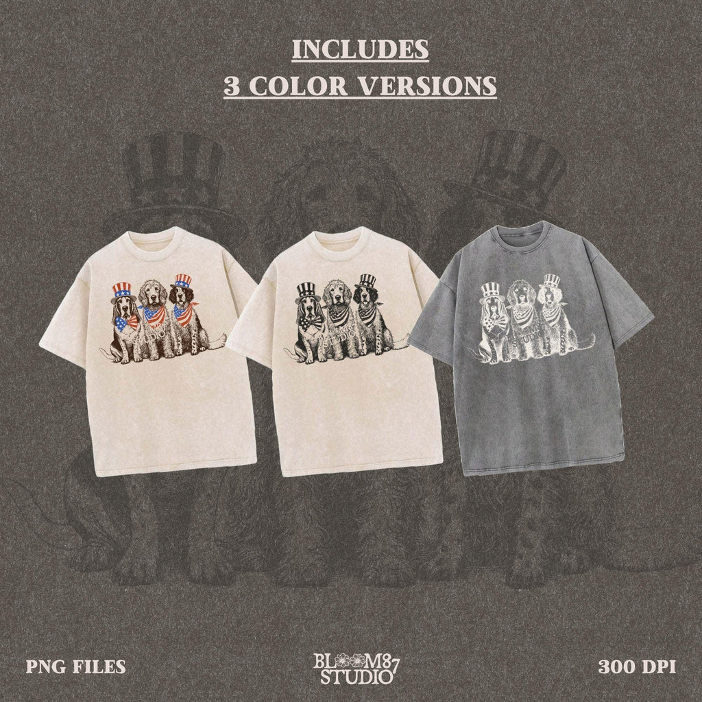 “Fourth of July Patriotic Dog Trio PNG, Vintage USA Dog Parade Illustration with Uncle Sam Hats and Bows”