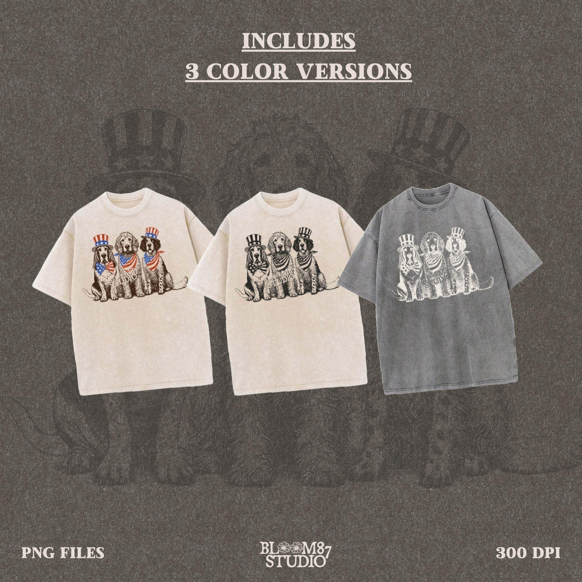 “Fourth of July Patriotic Dog Trio PNG, Vintage USA Dog Parade Illustration with Uncle Sam Hats and Bows”