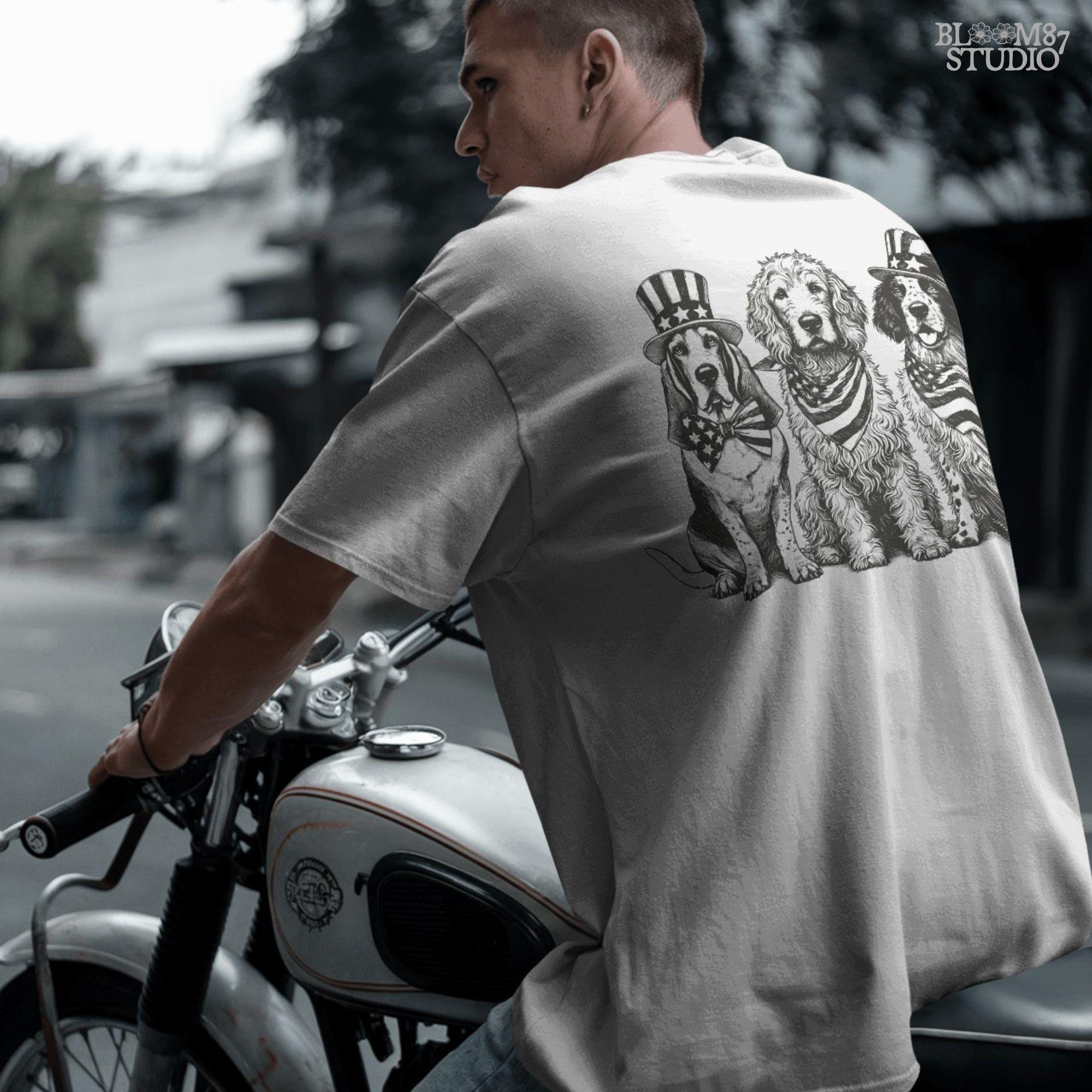 “Fourth of July Patriotic Dog Trio PNG, Vintage USA Dog Parade Illustration with Uncle Sam Hats and Bows”