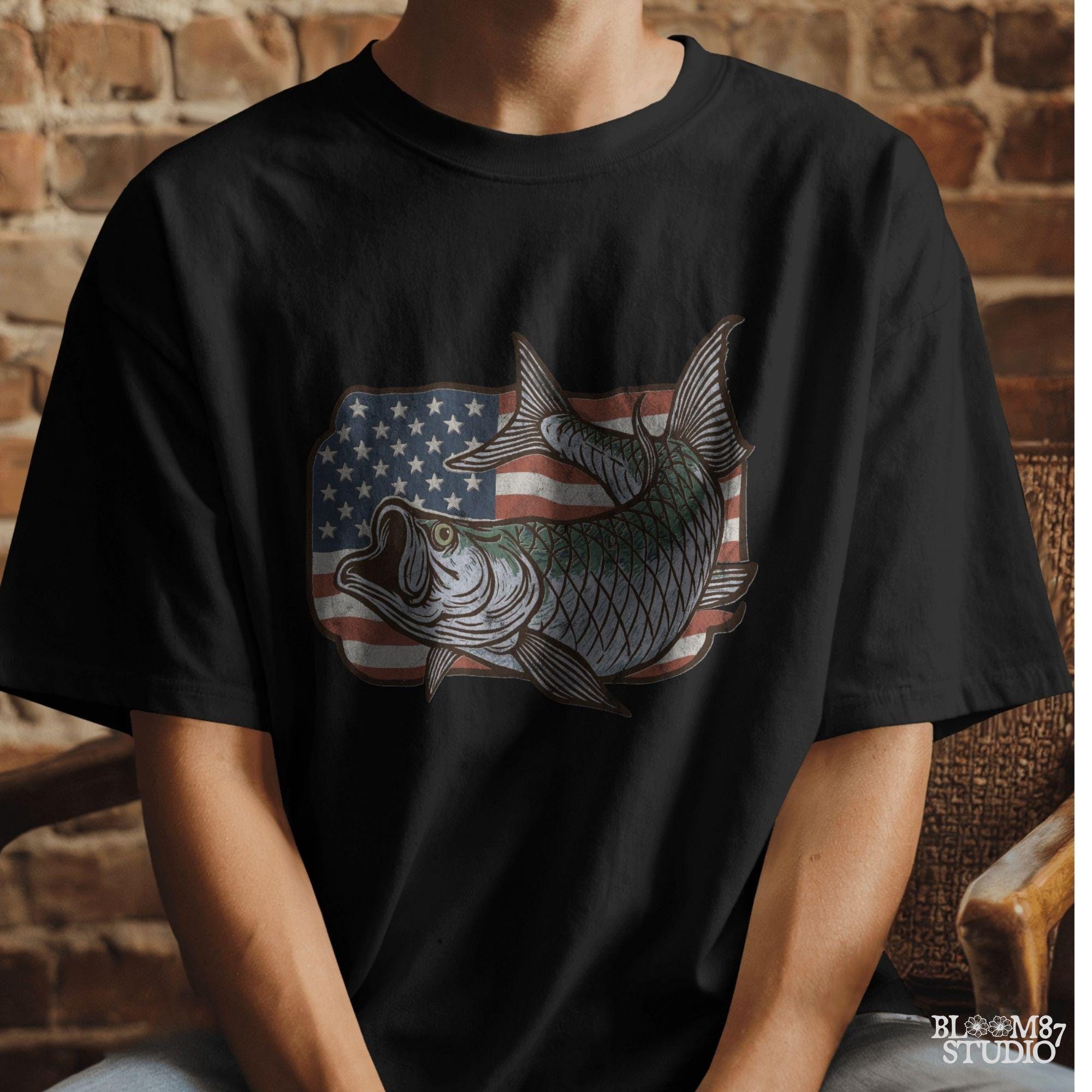 Patriotic tarpon fish PNG with detailed American flag background – vintage fishing clipart perfect for 4th of July, USA angler shirts, and patriotic sublimation designs