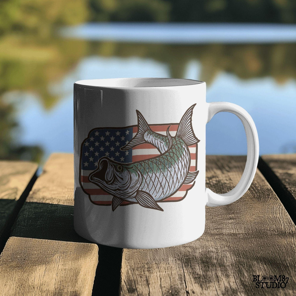 Patriotic tarpon fish PNG with detailed American flag background – vintage fishing clipart perfect for 4th of July, USA angler shirts, and patriotic sublimation designs