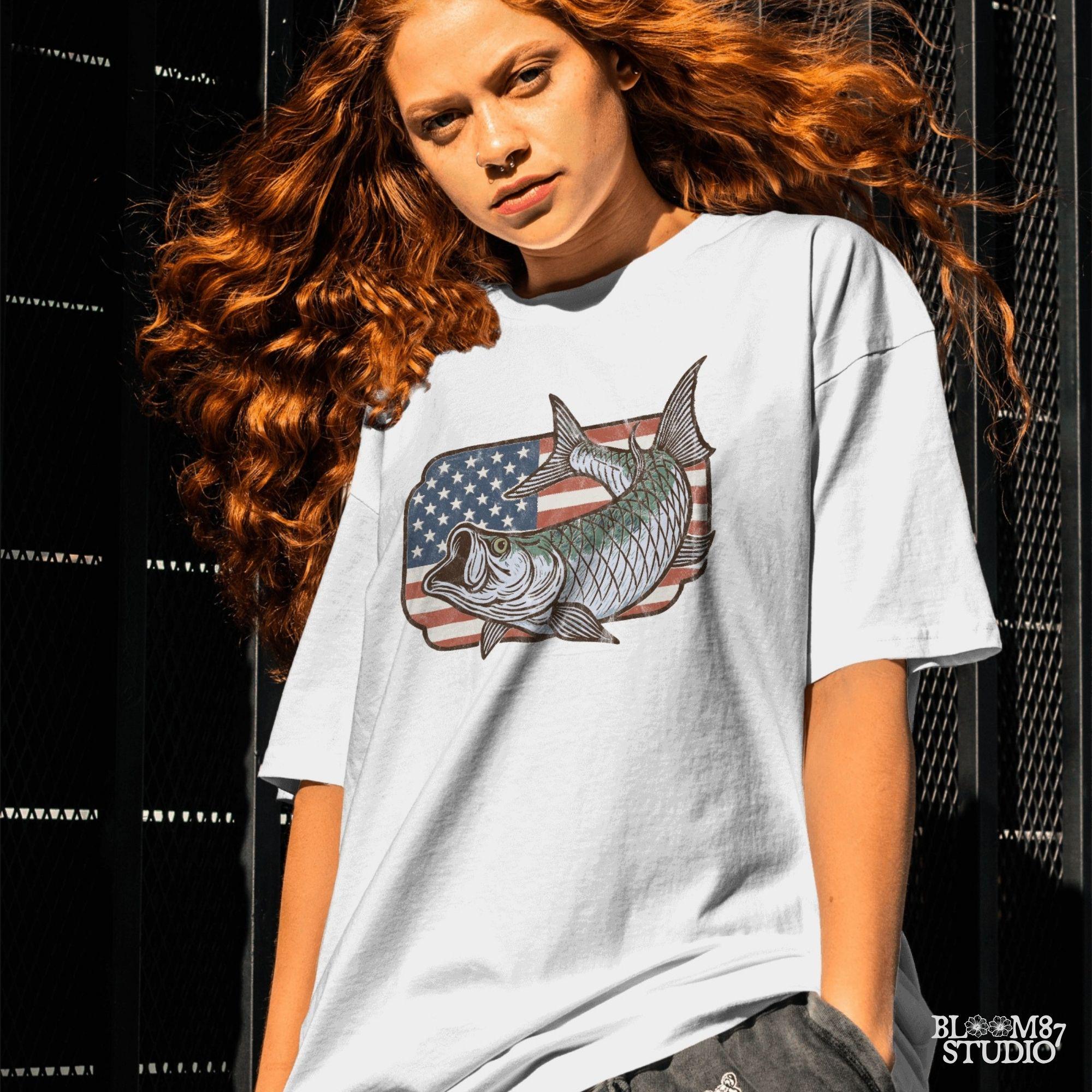 Patriotic tarpon fish PNG with detailed American flag background – vintage fishing clipart perfect for 4th of July, USA angler shirts, and patriotic sublimation designs
