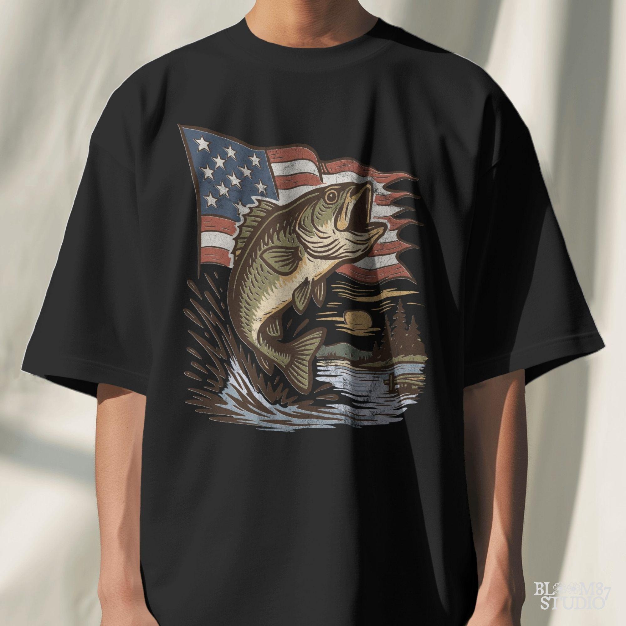 Vintage-style largemouth bass jumping in front of waving American flag with lake sunset – patriotic fishing PNG design for 4th of July and USA outdoor lovers
