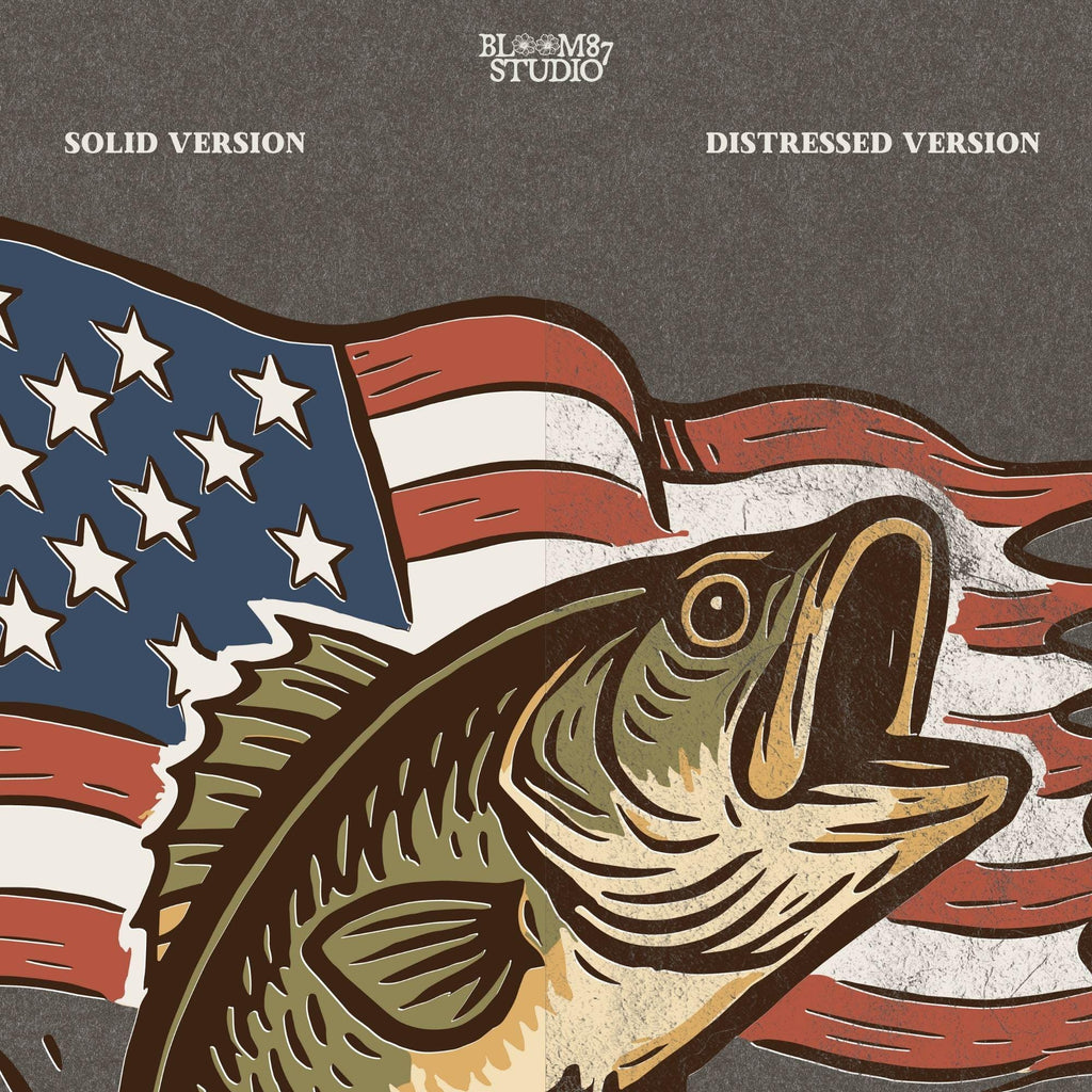 Vintage-style largemouth bass jumping in front of waving American flag with lake sunset – patriotic fishing PNG design for 4th of July and USA outdoor lovers