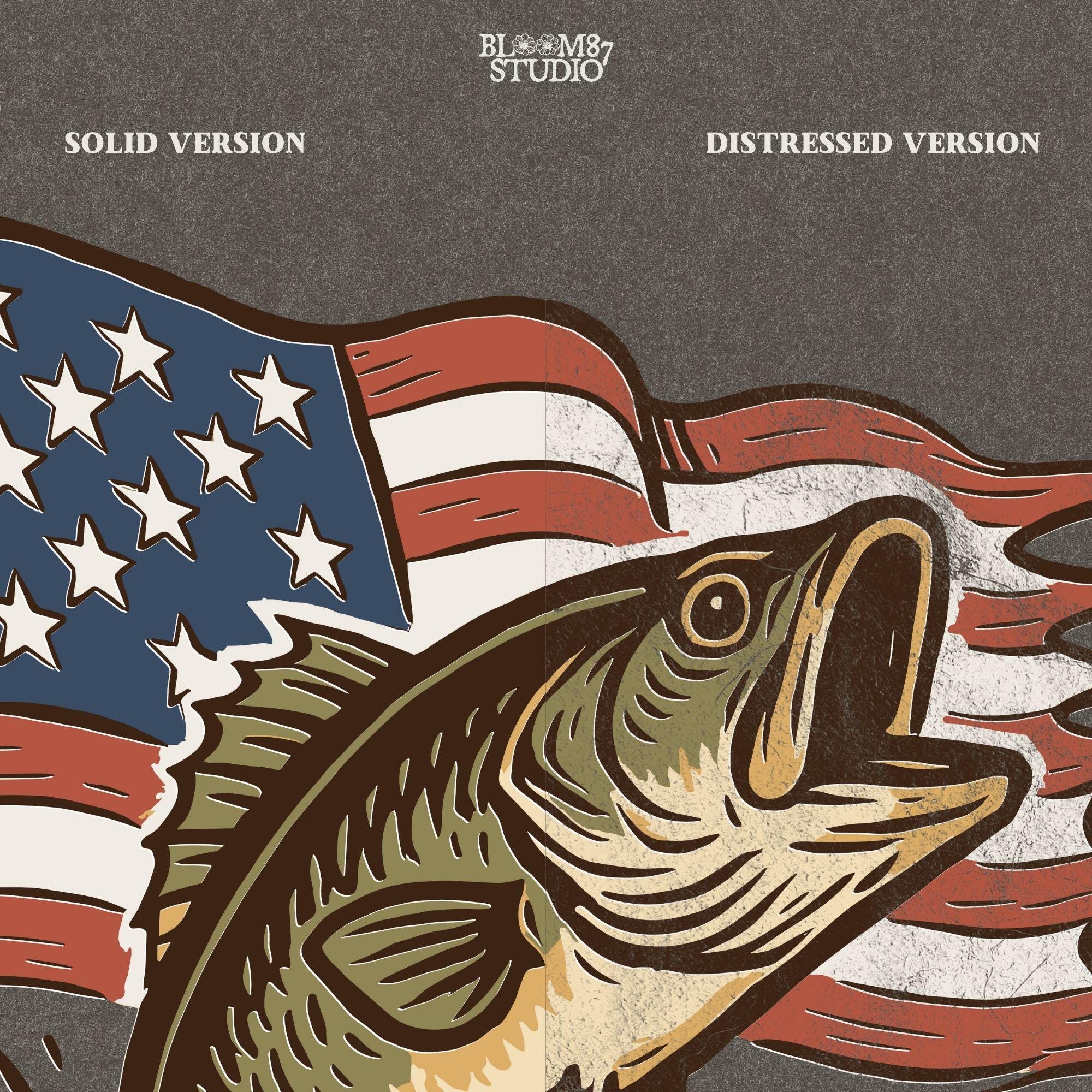 Vintage-style largemouth bass jumping in front of waving American flag with lake sunset – patriotic fishing PNG design for 4th of July and USA outdoor lovers
