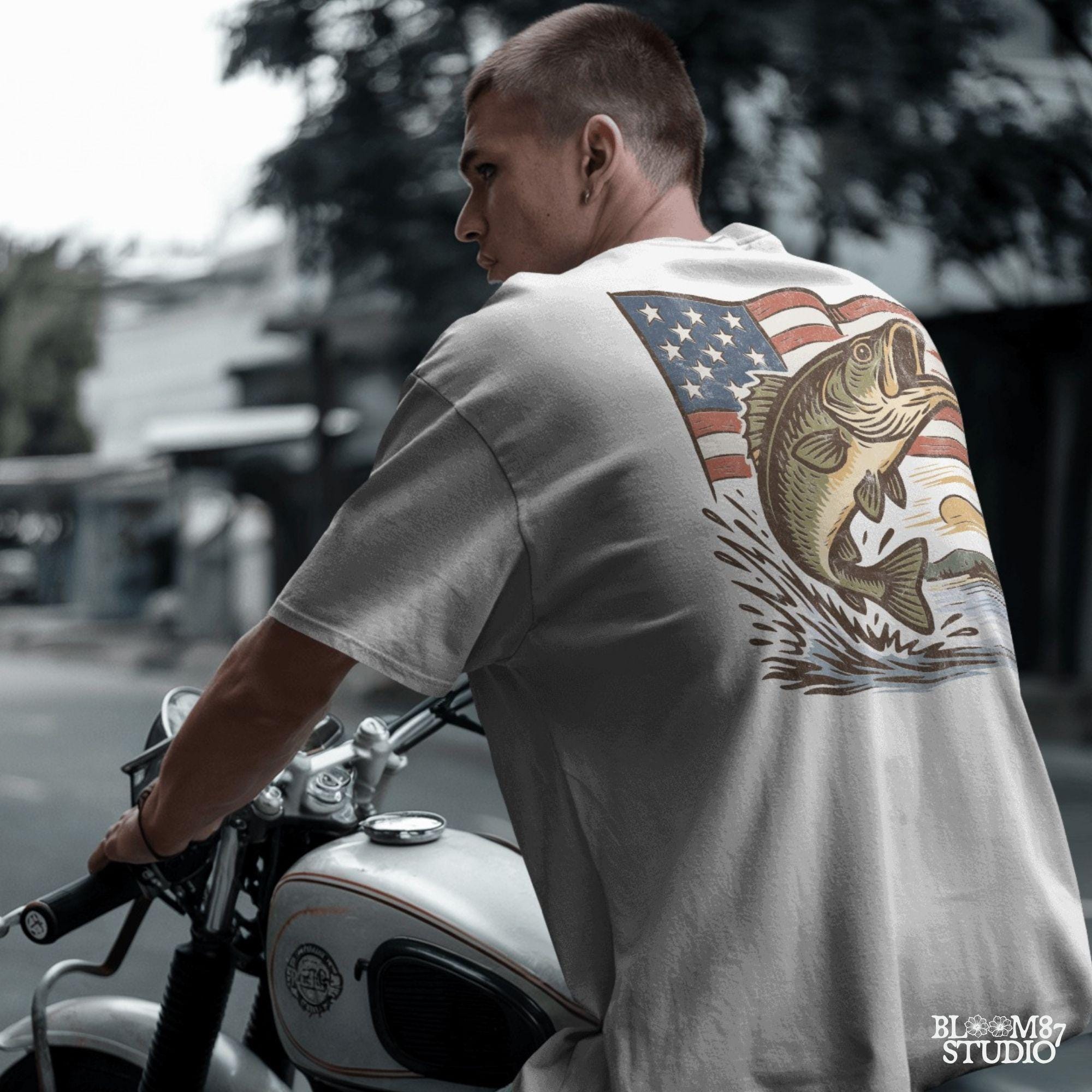 Vintage-style largemouth bass jumping in front of waving American flag with lake sunset – patriotic fishing PNG design for 4th of July and USA outdoor lovers