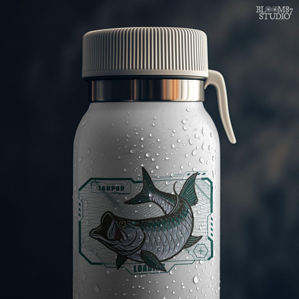 Futuristic digital-style tarpon fish leaping with techcore background – cyber ocean fishing design for sublimation and offshore anglers