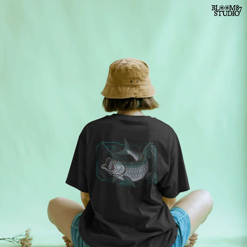 Futuristic digital-style tarpon fish leaping with techcore background – cyber ocean fishing design for sublimation and offshore anglers