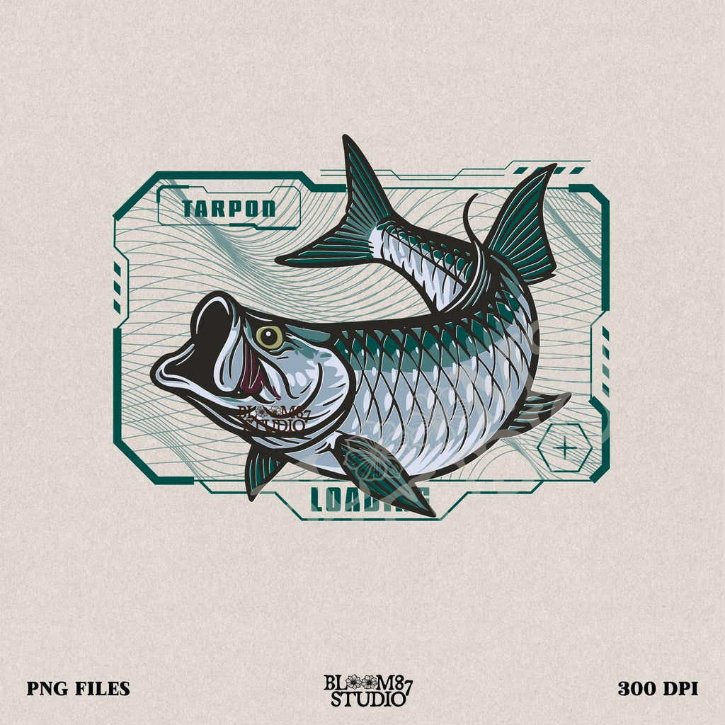 Futuristic digital-style tarpon fish leaping with techcore background – cyber ocean fishing design for sublimation and offshore anglers