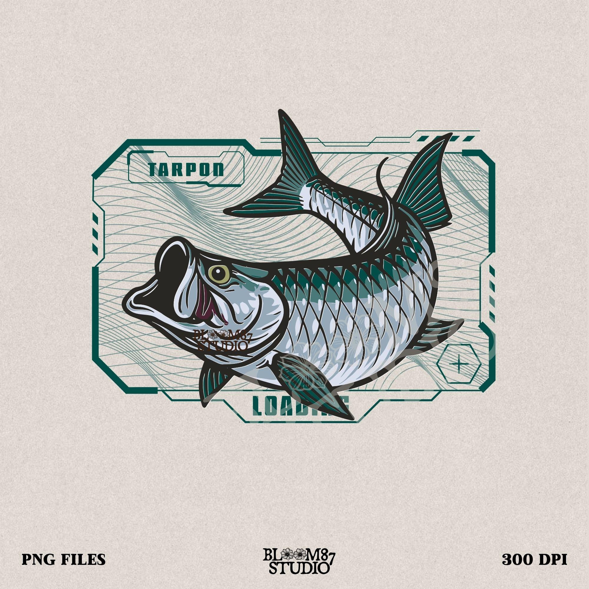 Futuristic digital-style tarpon fish leaping with techcore background – cyber ocean fishing design for sublimation and offshore anglers