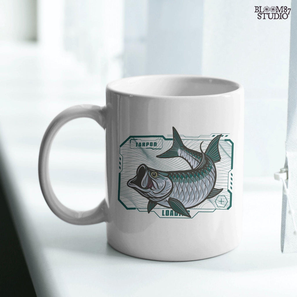 Futuristic digital-style tarpon fish leaping with techcore background – cyber ocean fishing design for sublimation and offshore anglers