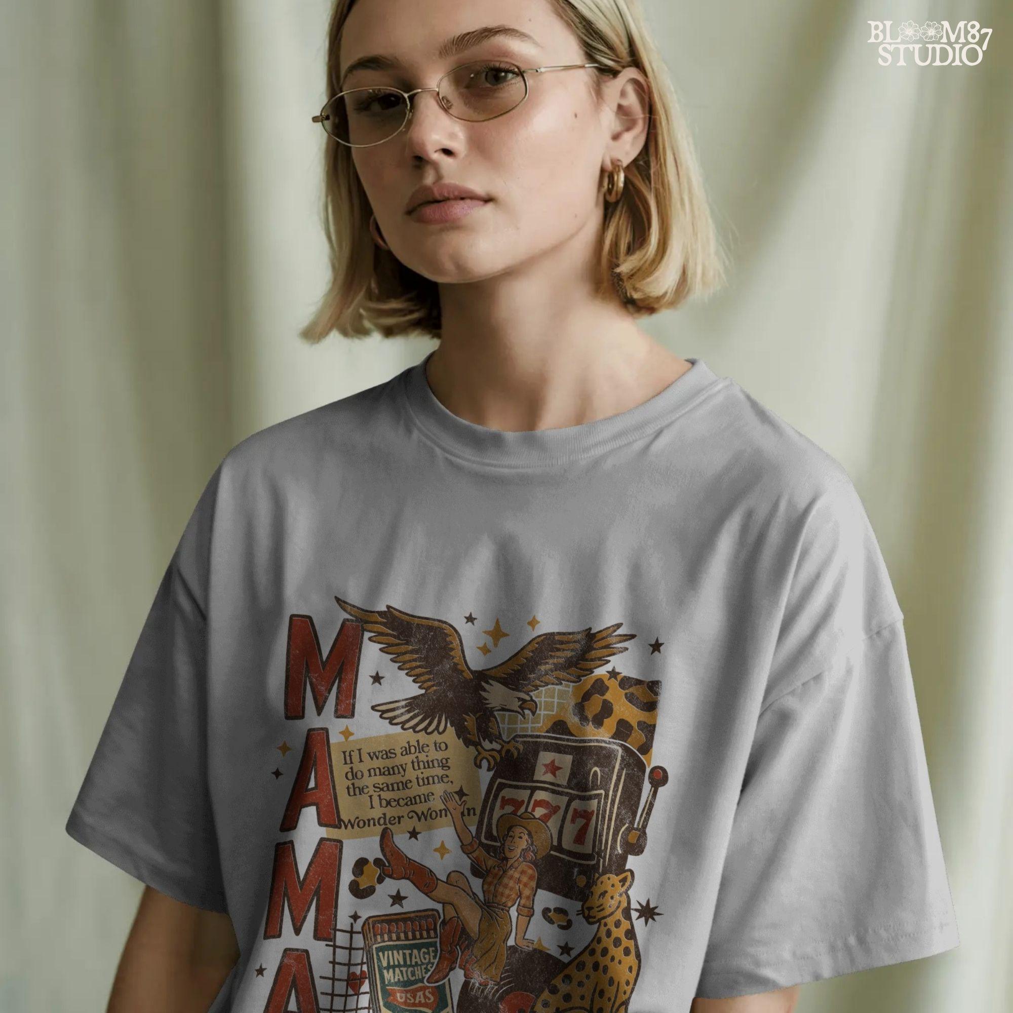 Vintage western mama collage PNG featuring a retro cowgirl, eagle, leopard, slot machine, and Wonder Woman quote — perfect for Mother’s Day sublimation and feminist western designs.