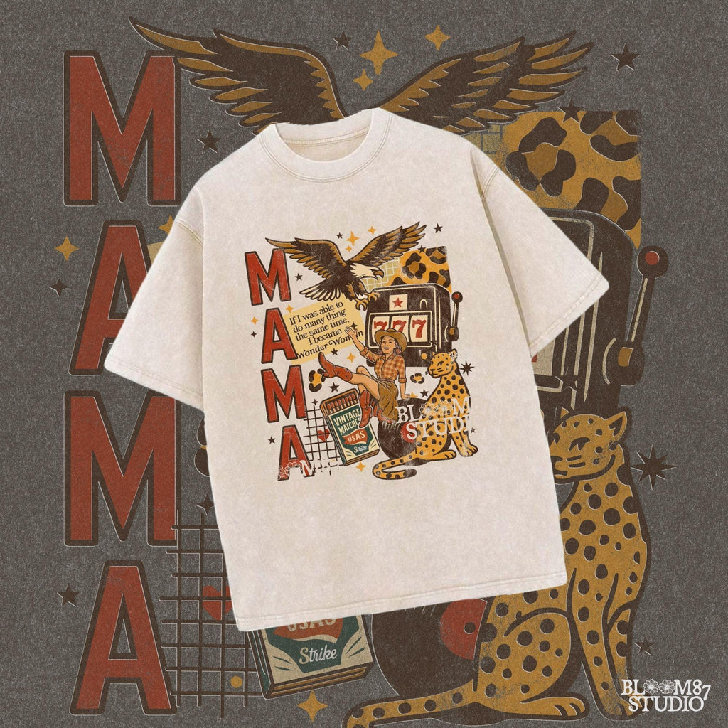 Vintage western mama collage PNG featuring a retro cowgirl, eagle, leopard, slot machine, and Wonder Woman quote — perfect for Mother’s Day sublimation and feminist western designs.