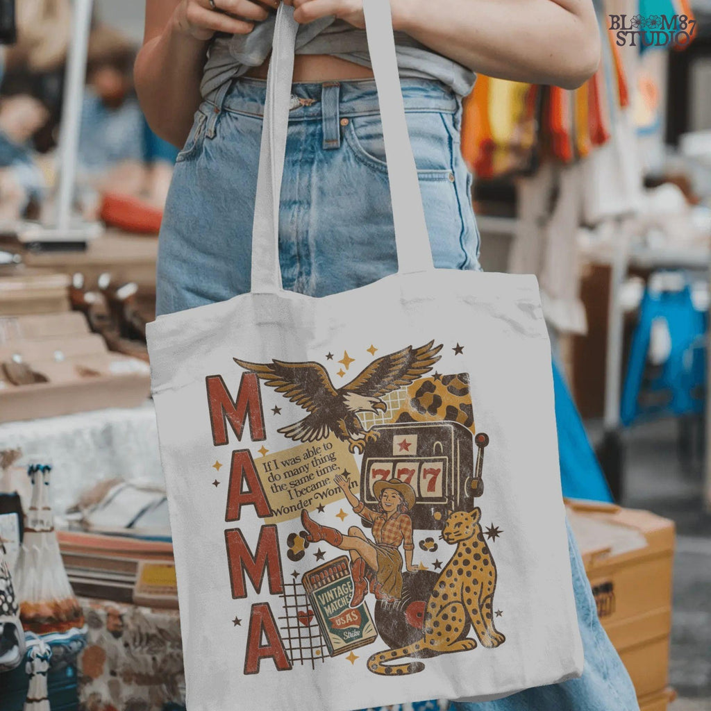 Vintage western mama collage PNG featuring a retro cowgirl, eagle, leopard, slot machine, and Wonder Woman quote — perfect for Mother’s Day sublimation and feminist western designs.