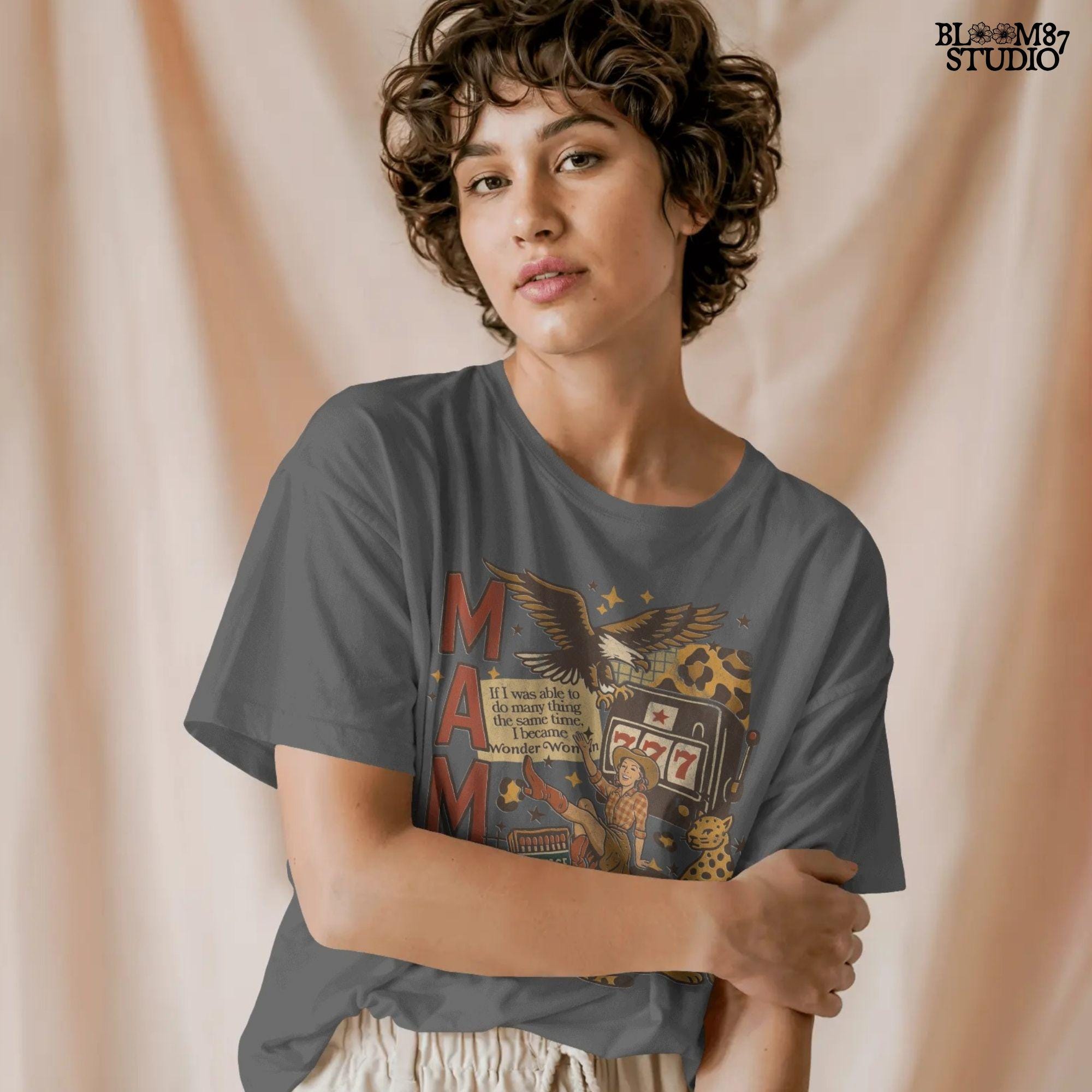 Vintage western mama collage PNG featuring a retro cowgirl, eagle, leopard, slot machine, and Wonder Woman quote — perfect for Mother’s Day sublimation and feminist western designs.