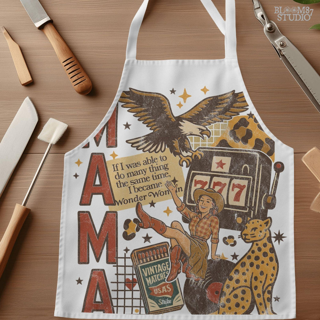 Vintage western mama collage PNG featuring a retro cowgirl, eagle, leopard, slot machine, and Wonder Woman quote — perfect for Mother’s Day sublimation and feminist western designs.
