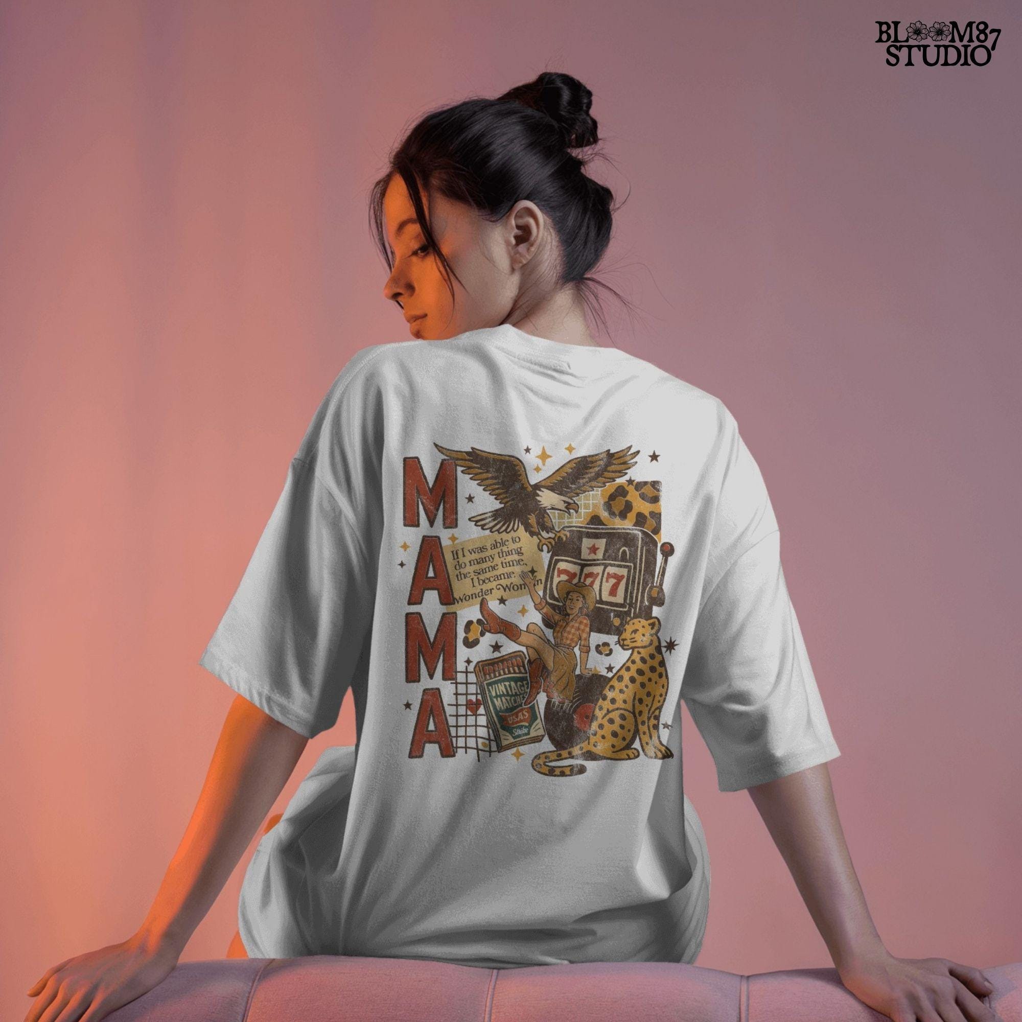 Vintage western mama collage PNG featuring a retro cowgirl, eagle, leopard, slot machine, and Wonder Woman quote — perfect for Mother’s Day sublimation and feminist western designs.