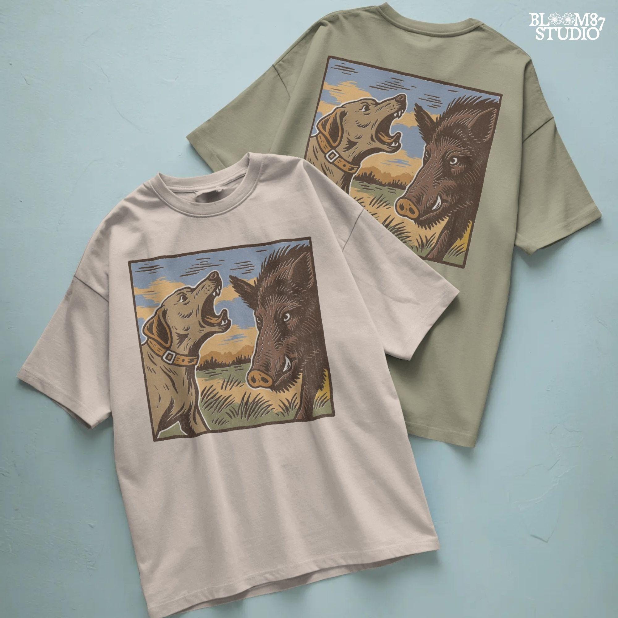 Vintage illustration of a hunting dog barking at a wild boar in a grassy southern field with a sunset background.