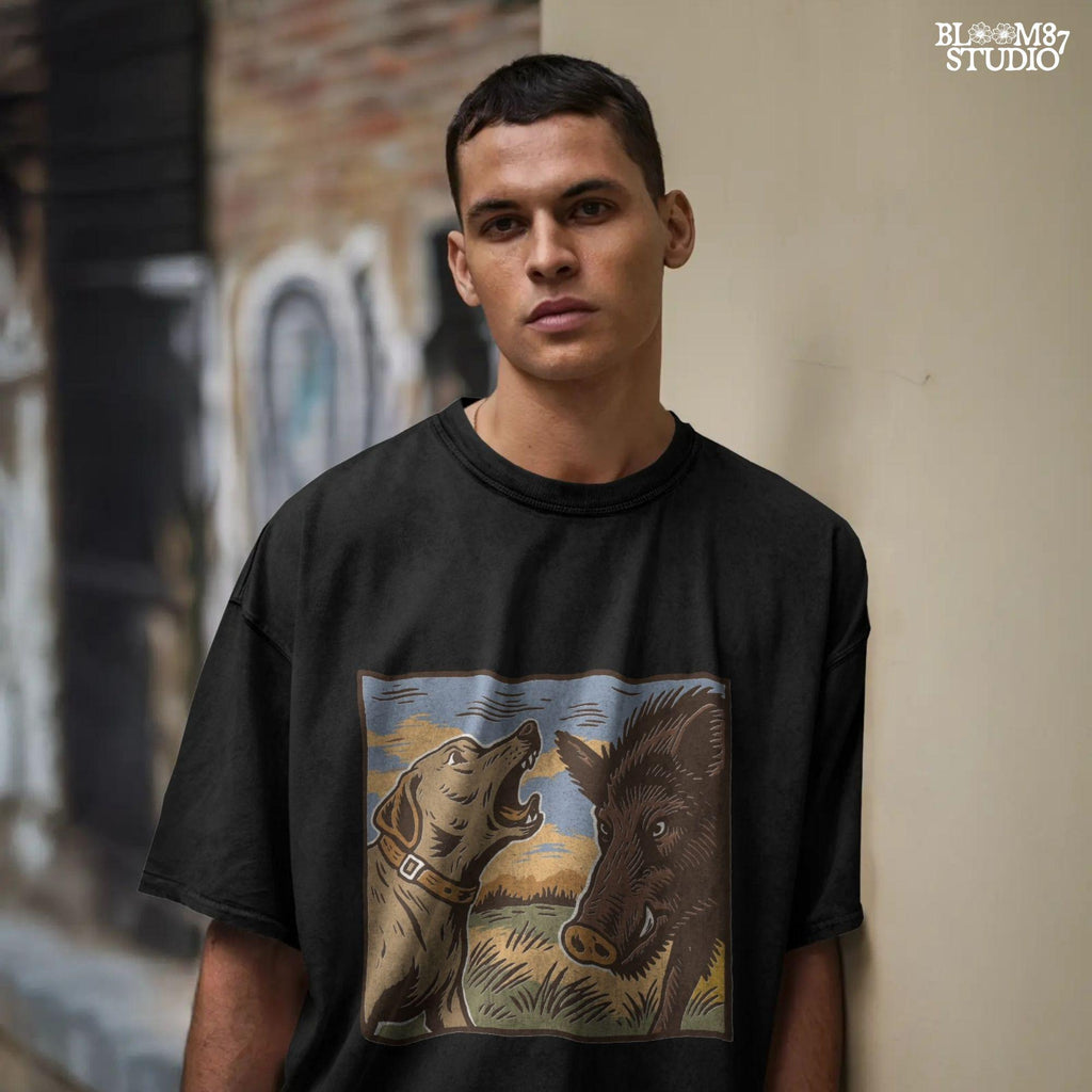 Vintage illustration of a hunting dog barking at a wild boar in a grassy southern field with a sunset background.