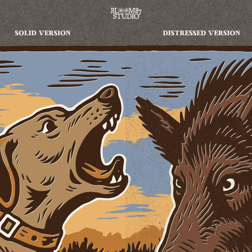 Vintage illustration of a hunting dog barking at a wild boar in a grassy southern field with a sunset background.