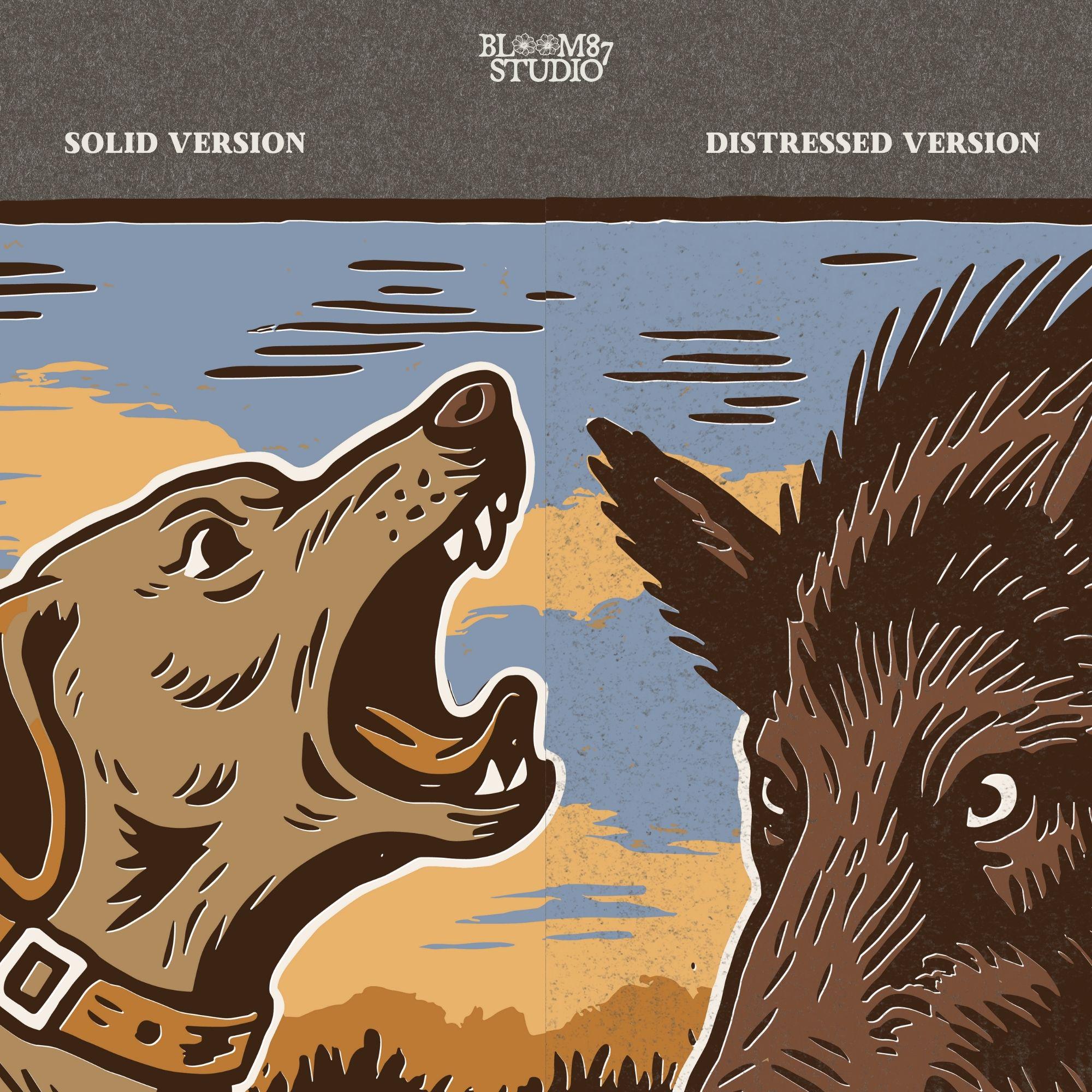 Vintage illustration of a hunting dog barking at a wild boar in a grassy southern field with a sunset background.