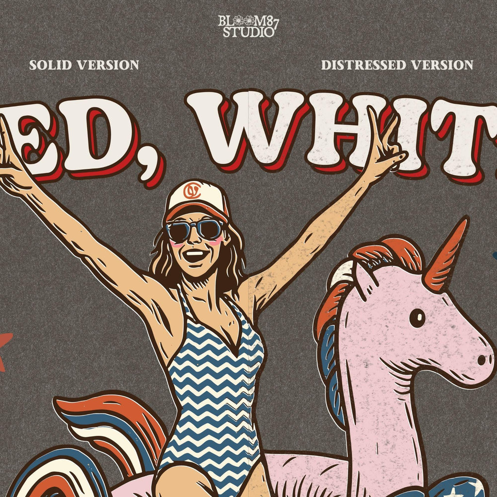 Red White and Feral PNG, Fourth of July Girl Clipart, Patriotic Unicorn Floatie, Summer Pool Babe Png, USA Vintage Graphic Summer USA Design