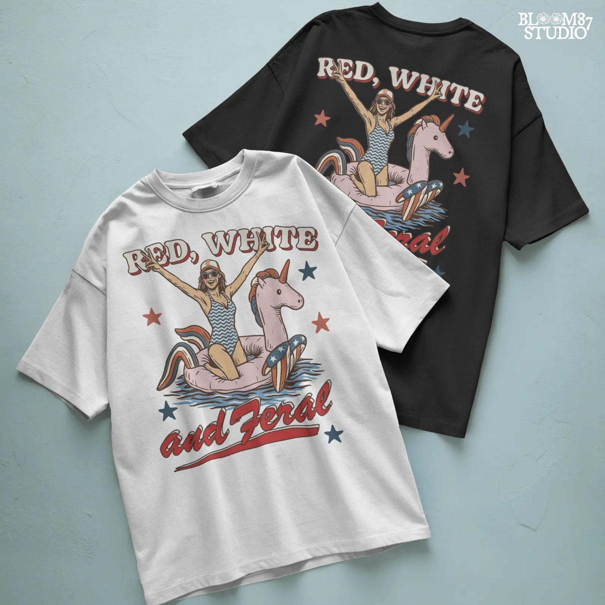 Red White and Feral PNG, Fourth of July Girl Clipart, Patriotic Unicorn Floatie, Summer Pool Babe Png, USA Vintage Graphic Summer USA Design