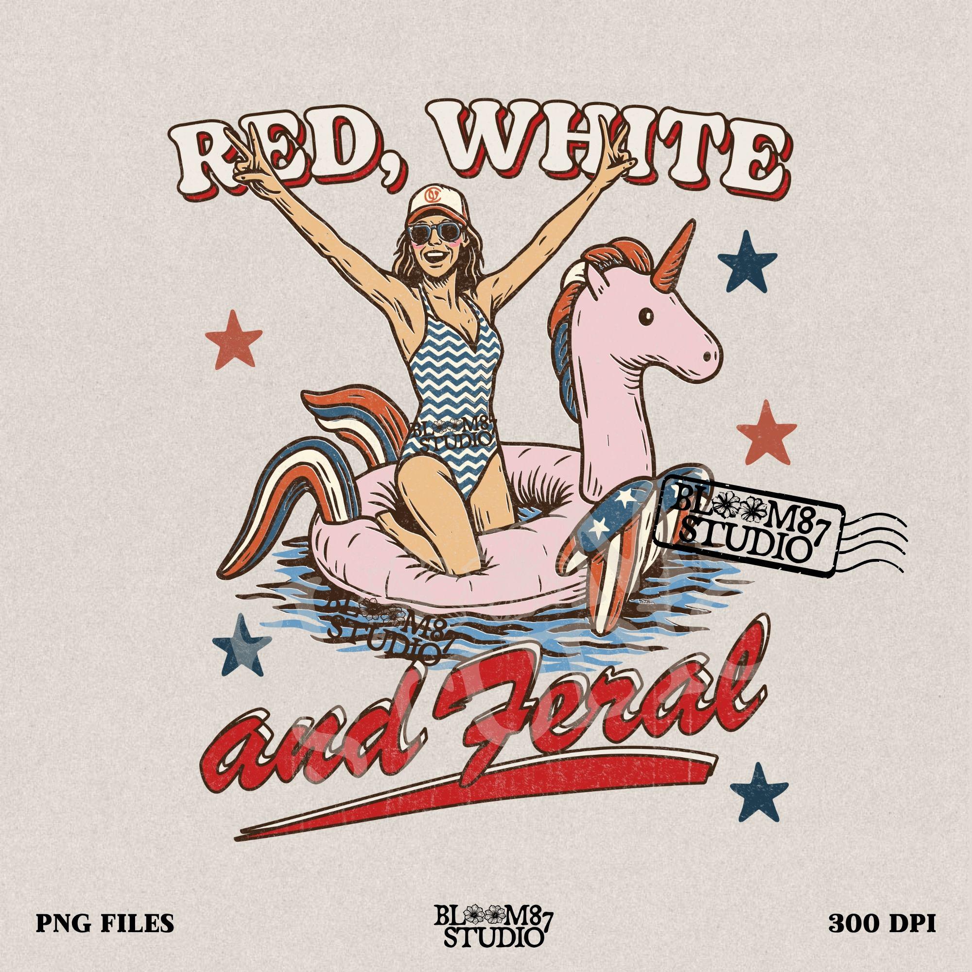Red White and Feral PNG, Fourth of July Girl Clipart, Patriotic Unicorn Floatie, Summer Pool Babe Png, USA Vintage Graphic Summer USA Design