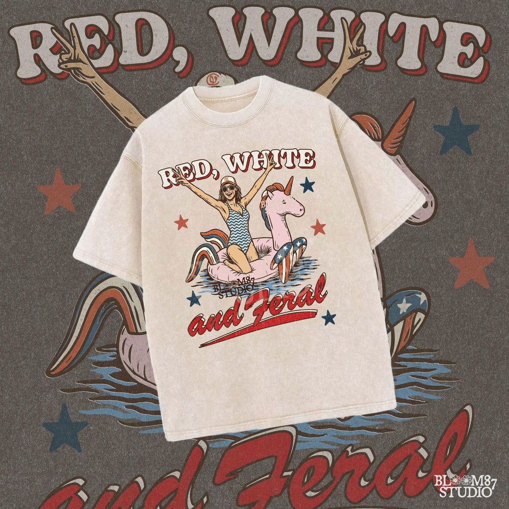 Red White and Feral PNG, Fourth of July Girl Clipart, Patriotic Unicorn Floatie, Summer Pool Babe Png, USA Vintage Graphic Summer USA Design