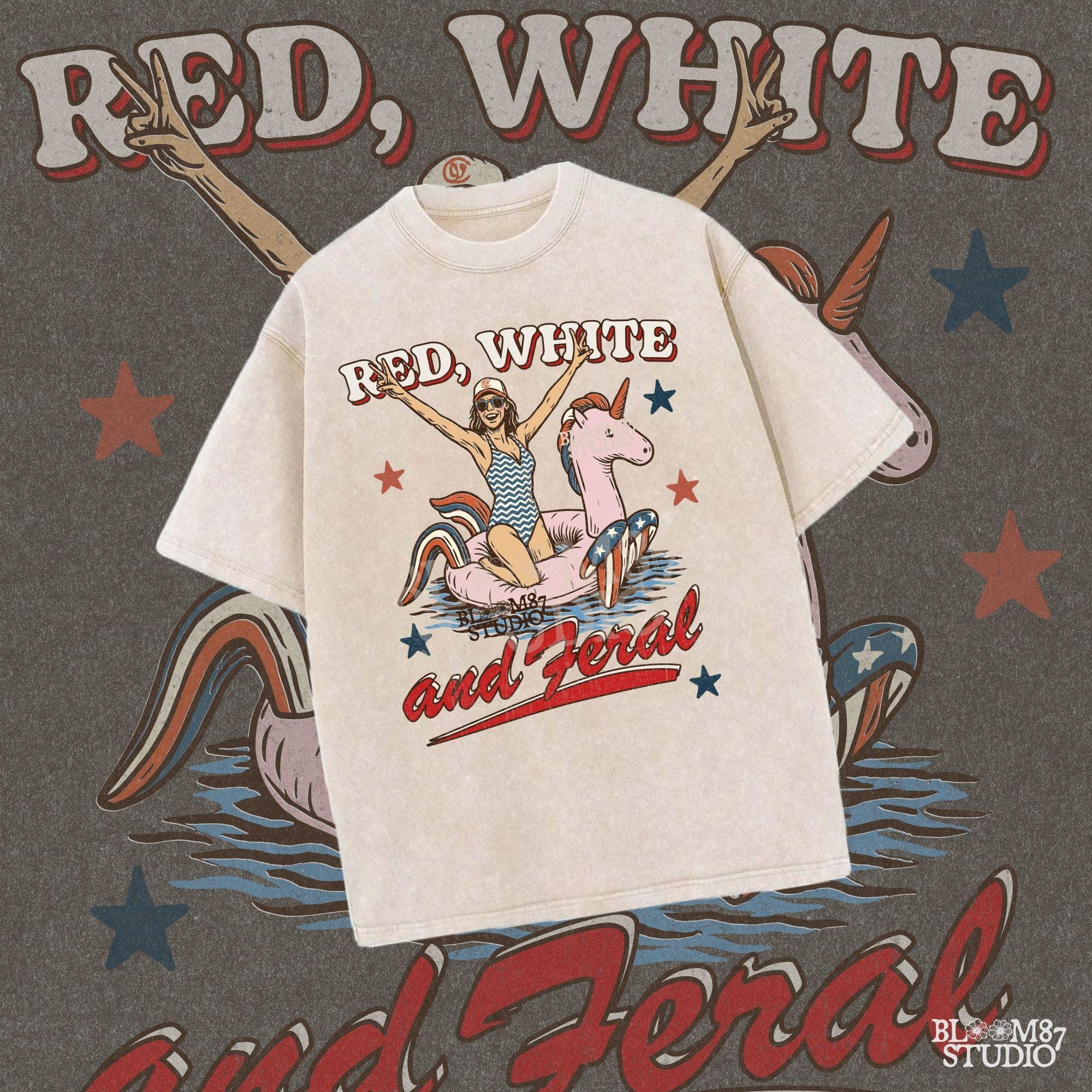 Red White and Feral PNG, Fourth of July Girl Clipart, Patriotic Unicorn Floatie, Summer Pool Babe Png, USA Vintage Graphic Summer USA Design