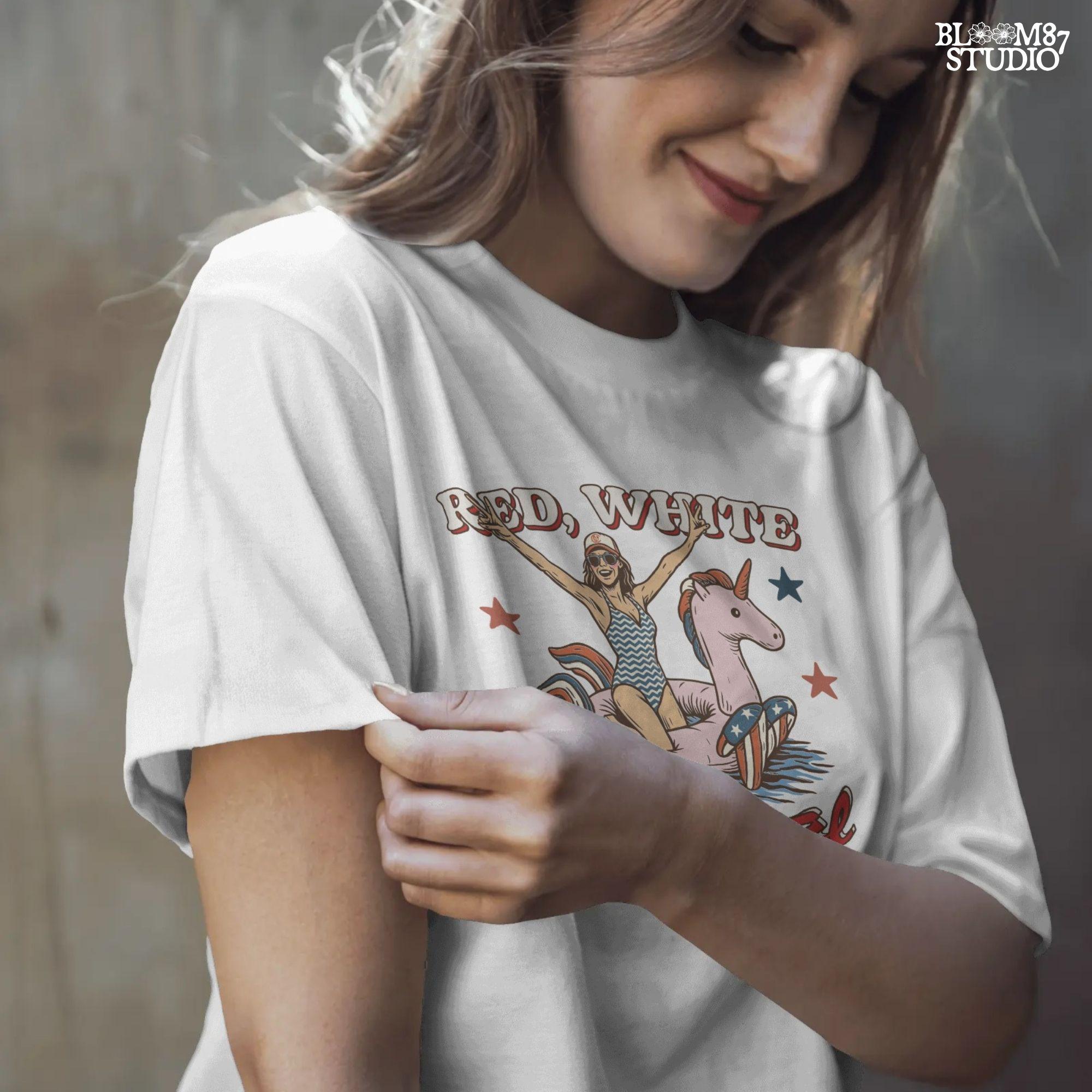 Red White and Feral PNG, Fourth of July Girl Clipart, Patriotic Unicorn Floatie, Summer Pool Babe Png, USA Vintage Graphic Summer USA Design