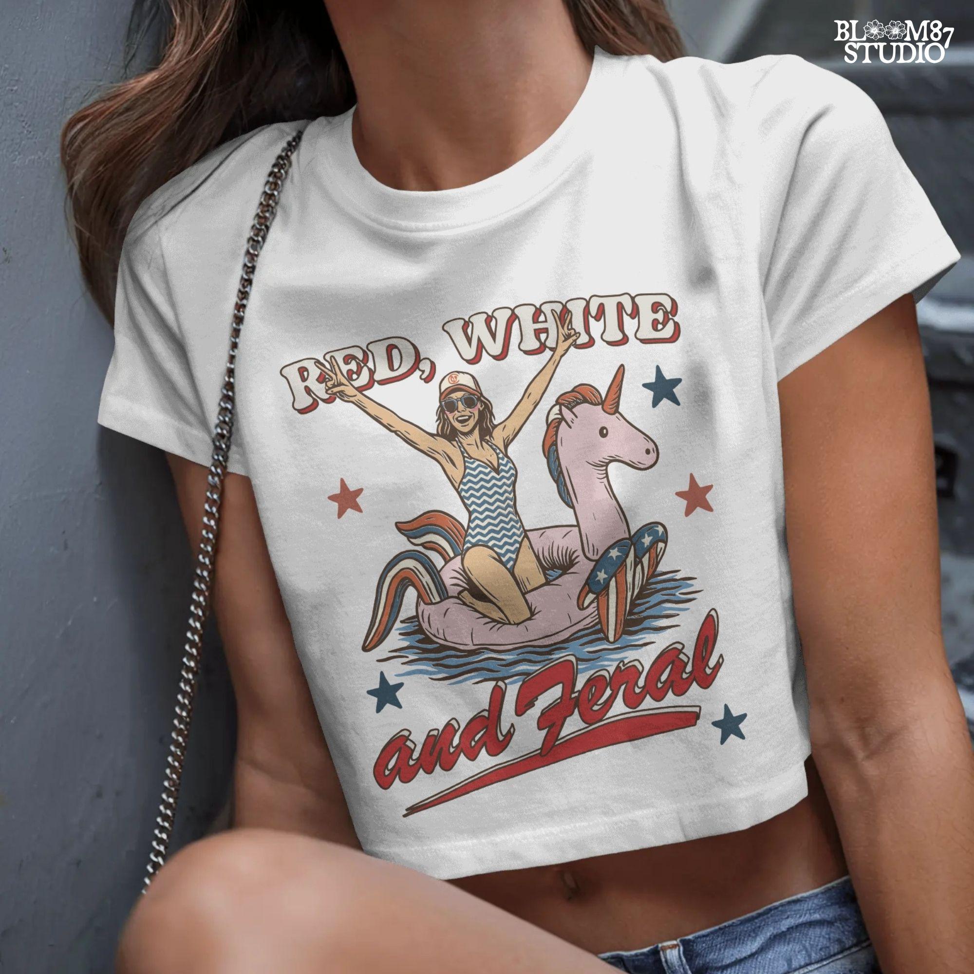 Red White and Feral PNG, Fourth of July Girl Clipart, Patriotic Unicorn Floatie, Summer Pool Babe Png, USA Vintage Graphic Summer USA Design