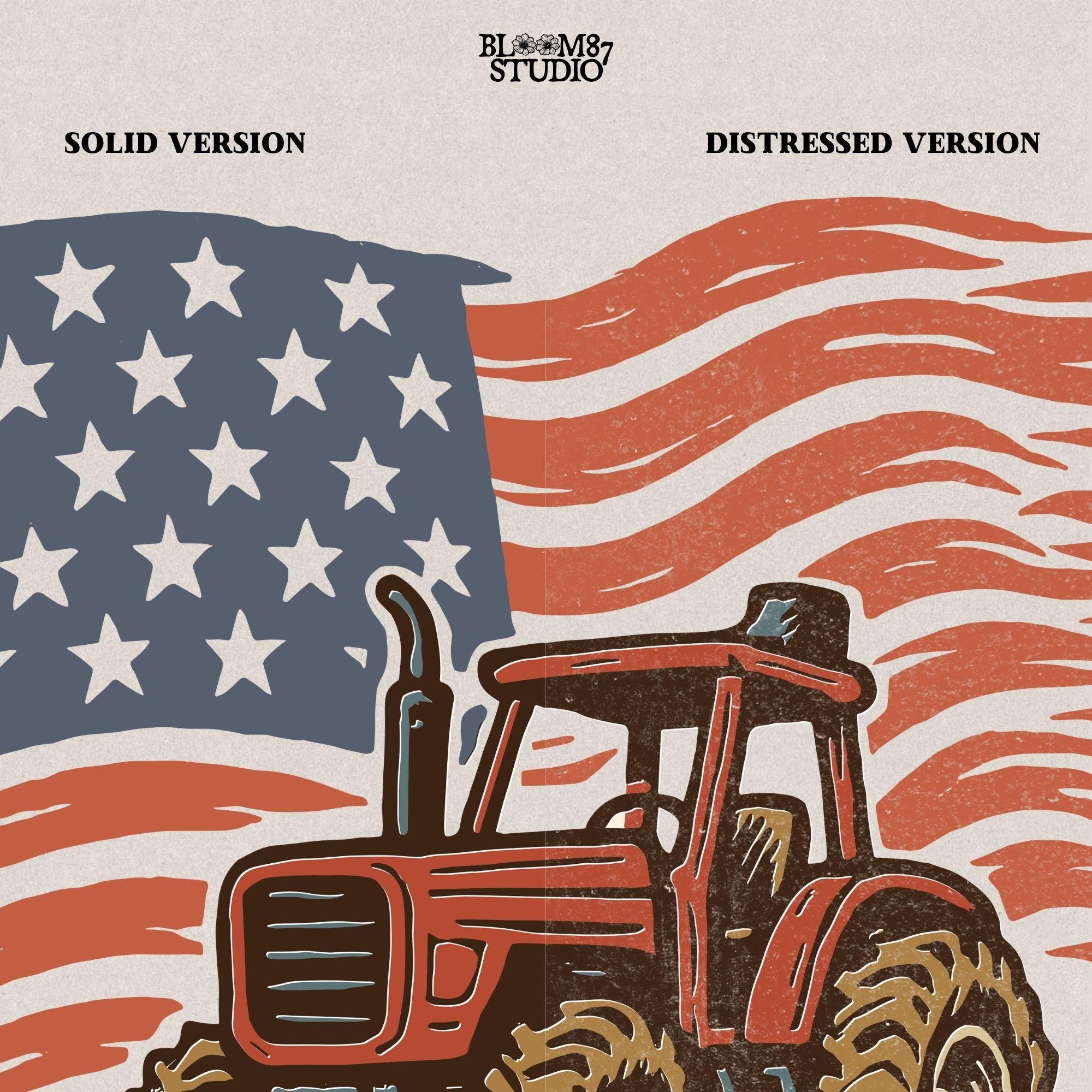 Red tractor with plow on soil, American flag waving in the background, vintage farm-themed graphic.