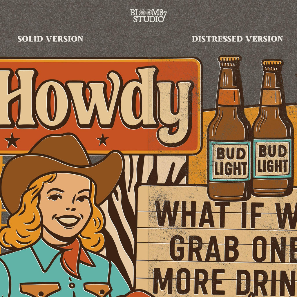 Honky Tonk Girl PNG, Western Cowgirl Collage PNG, Retro Wild West Sublimation, Bud Light Beer PNG, Country Bar Sign Clipart, Trendy Western