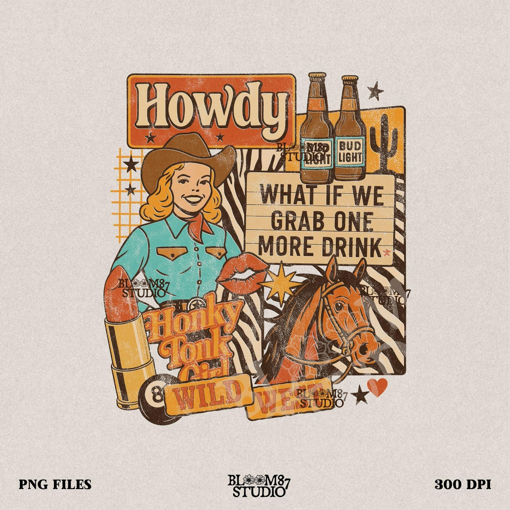 Honky Tonk Girl PNG, Western Cowgirl Collage PNG, Retro Wild West Sublimation, Bud Light Beer PNG, Country Bar Sign Clipart, Trendy Western