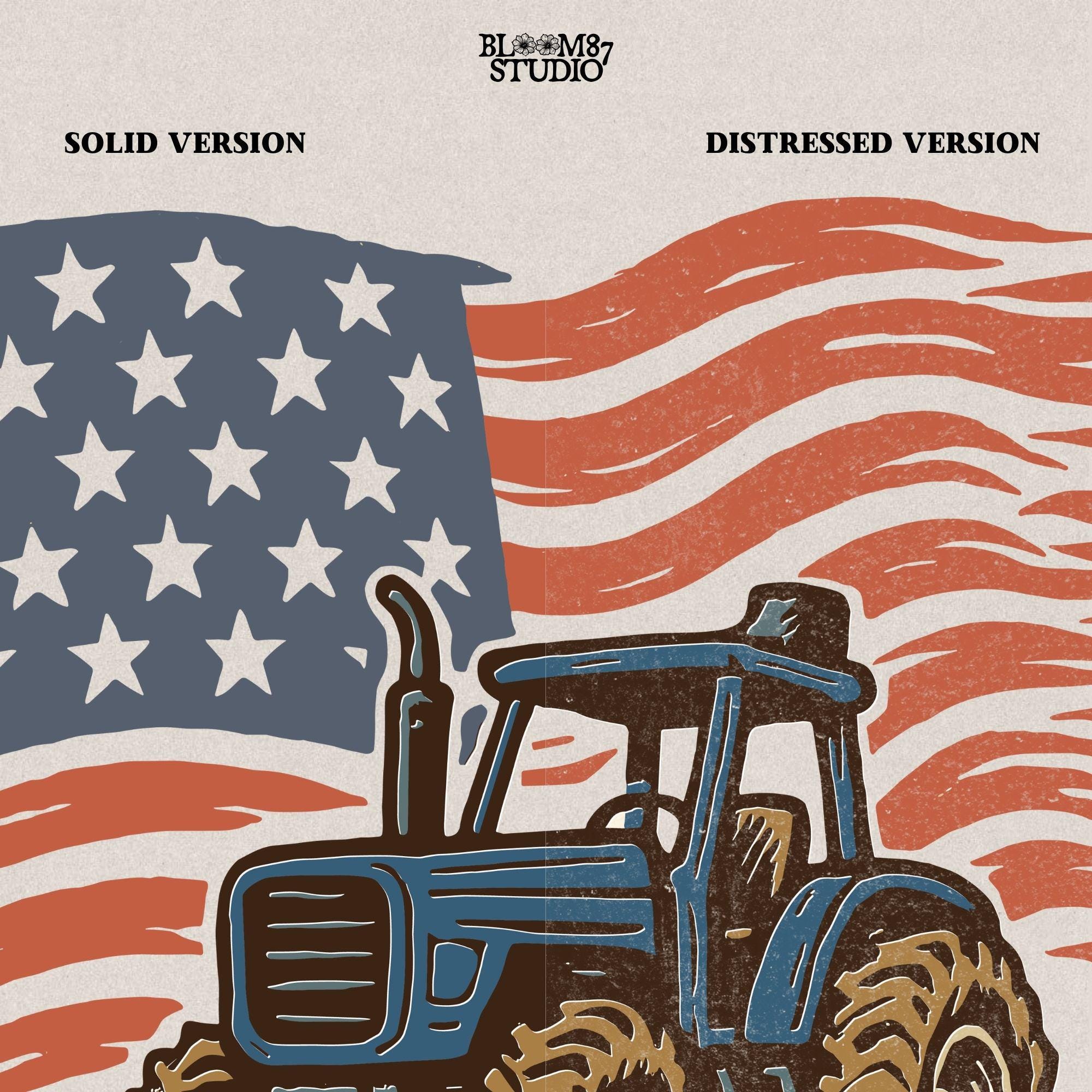 Red tractor with plow on soil, American flag waving in the background, vintage farm-themed graphic.